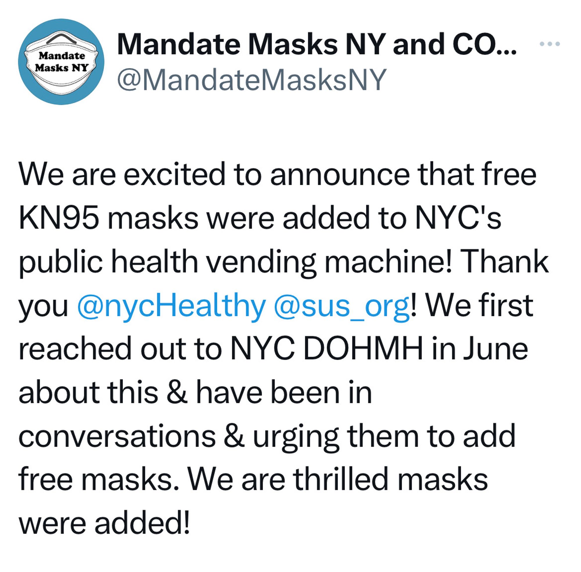 Thank you @nycHealthy for working to get #FreeN95s and KN95 masks into the public health vending machines! We have been reaching out to DOHMH urging them to add free masks and they have responded they hope to incorporate masks in the machine in the immediate future!