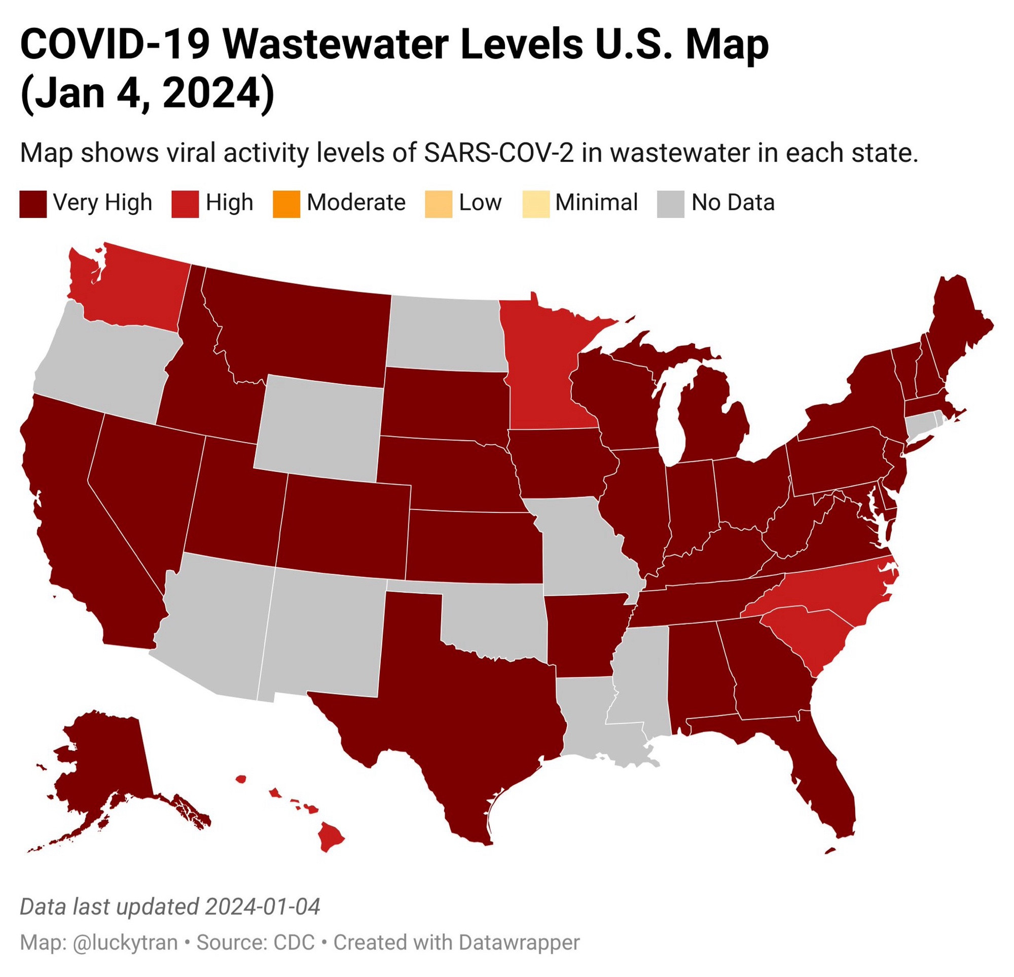 COVID-19 Wastewater Levels U.S. Map             
(Jan 4, 2024)
Map shows viral activity levels of SARS-COV-2 in wastewater in each state.