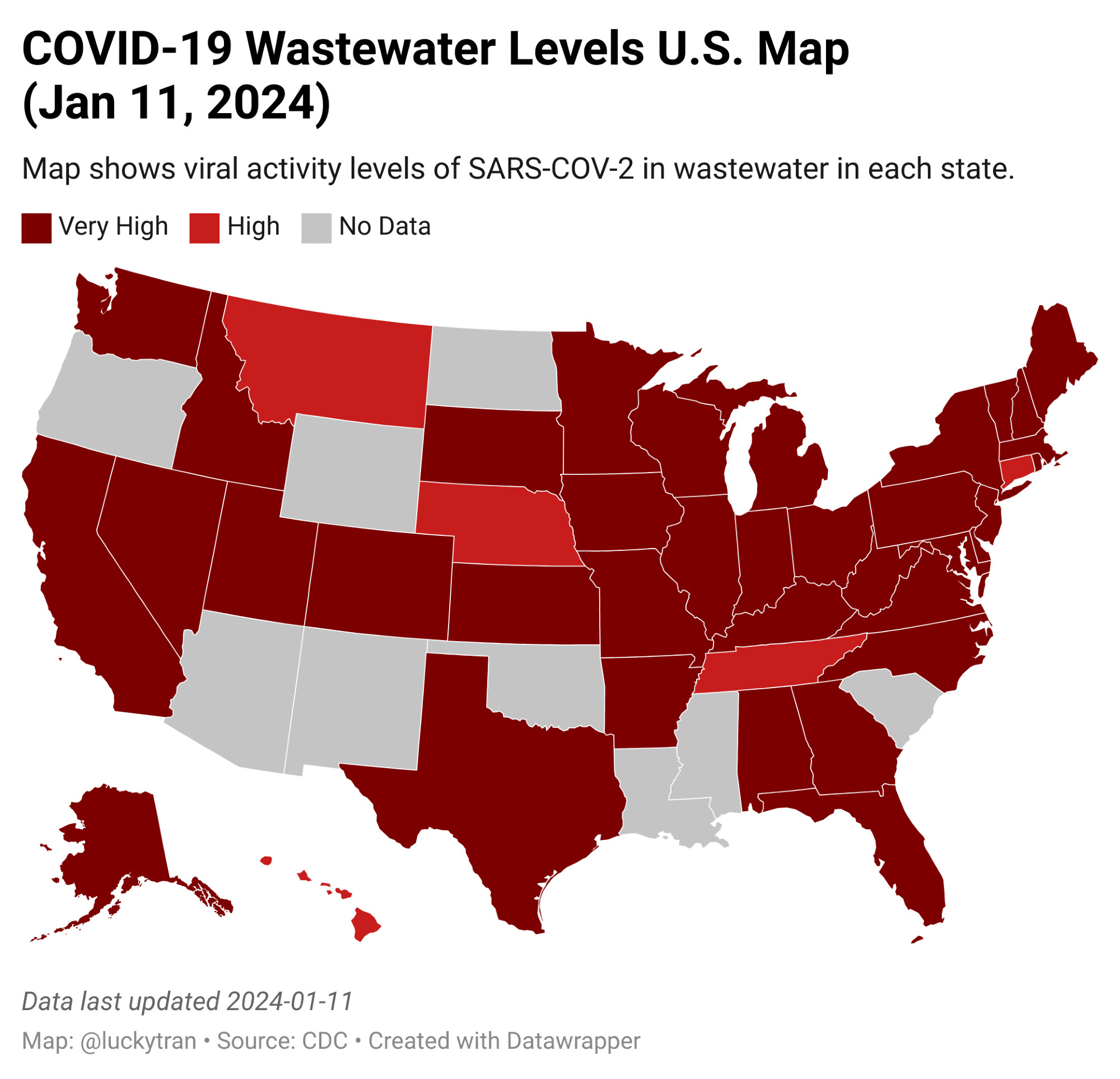 COVID-19 Wastewater Levels U.S. Map (Jan 11, 2024)

Map shows viral activity levels of SARS-COV-2 in wastewater in each state.

Data from CDC