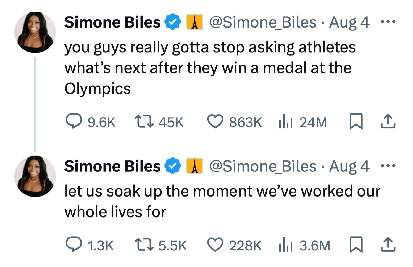 Simone Biles 
@Simone_Biles
Aug 4

you guys really gotta stop asking athletes what’s next after they win a medal at the Olympics

let us soak up the moment we’ve worked our whole lives for