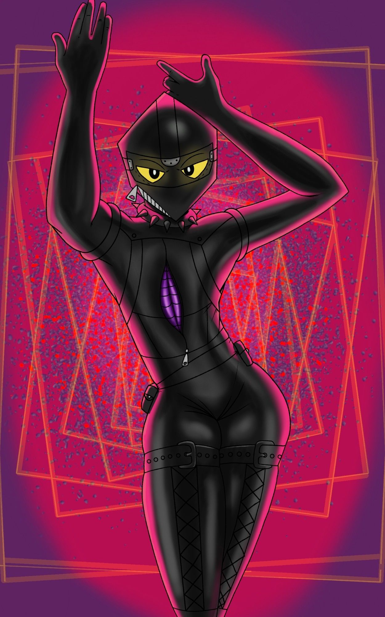 A living suit made of latex posing in front of a hypnotically patterned yellow pink and purple background. The eyes are glowing yellow, and they have a zipper for a mouth. The center zipper is open slightly, showing soft purple inner lining.