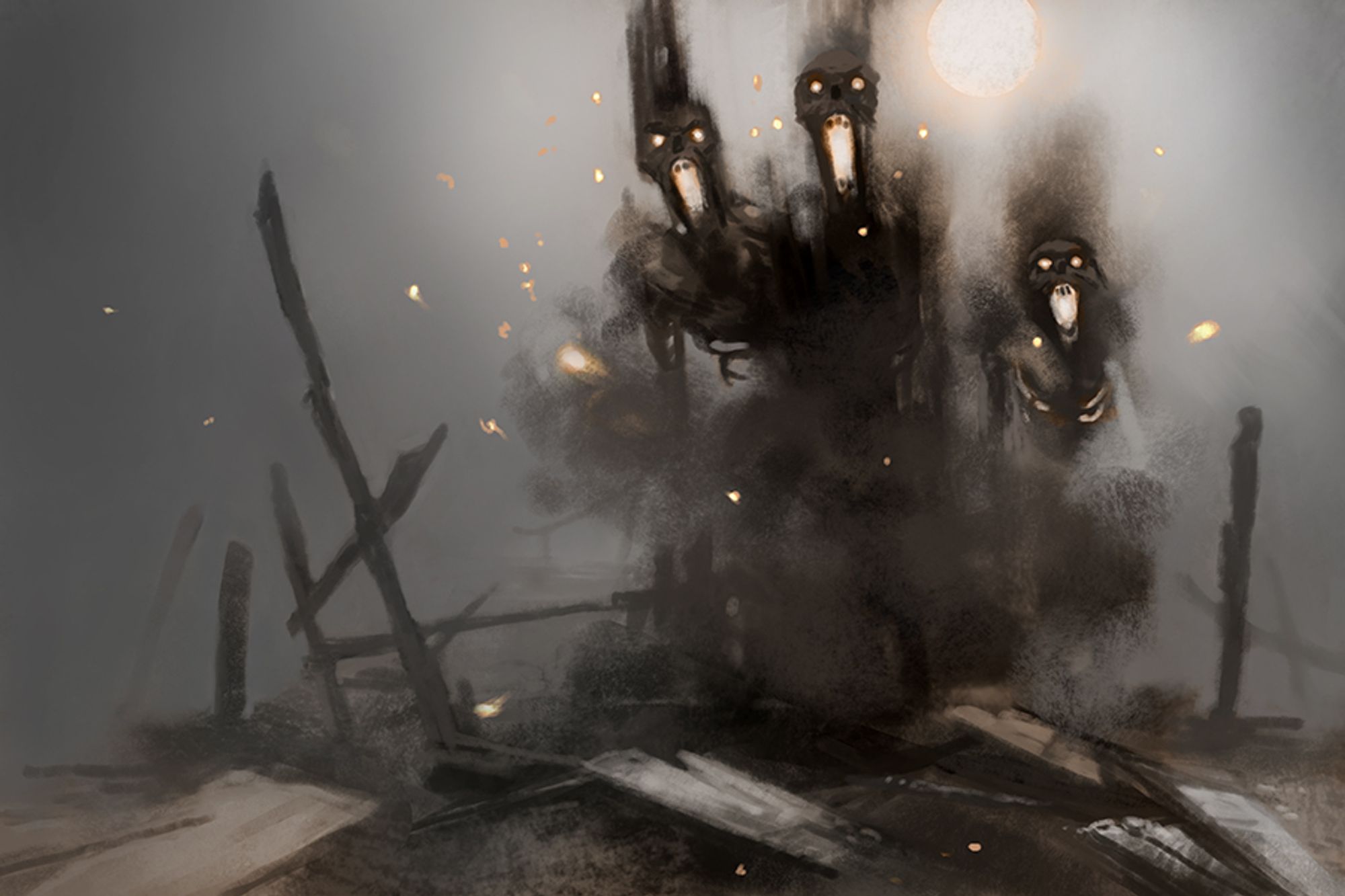 Three burned ghosts with glowing eyes and mouths rise from remains of a burned structure