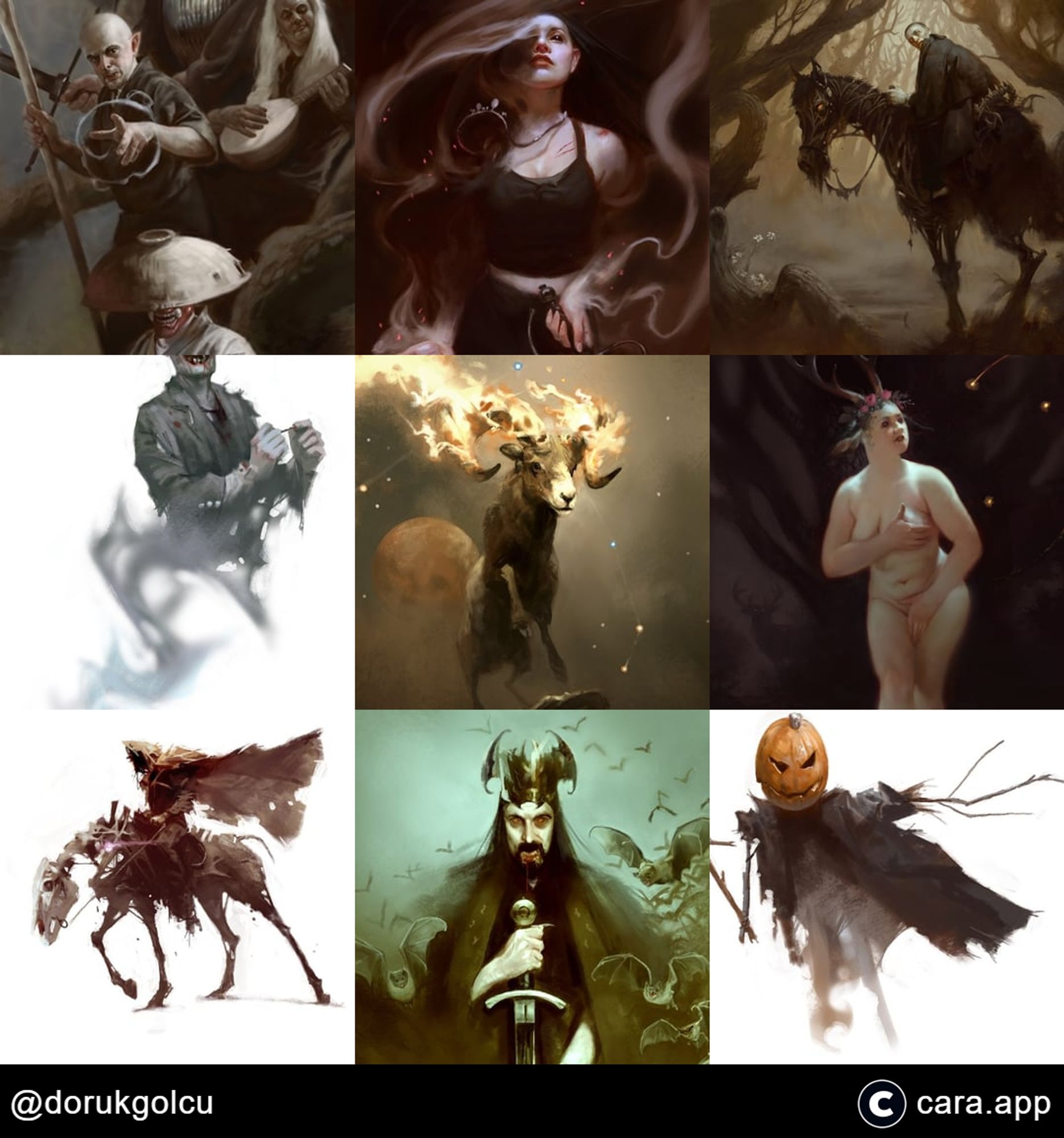 A grid of nine paintings, of largely dark fantasy/horror vibes