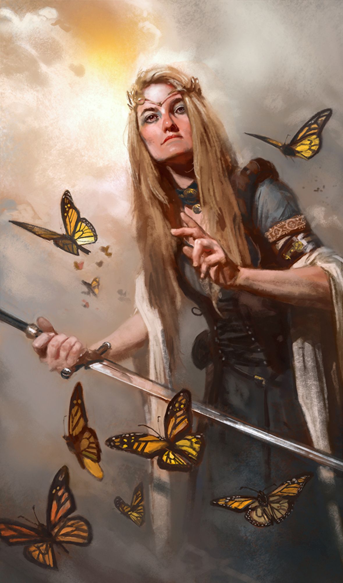 Woman in fantasy dress wearing a thin golden crown holding a shiny sword. A bunch of monarch butterflies fly around her