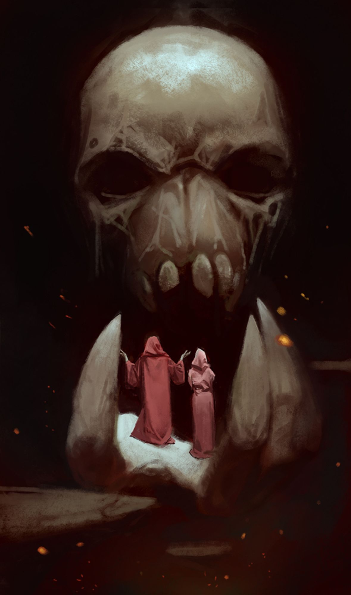 A skull-faced creature emerges from the darkness. It holds two robed human figures in its outstretched palm