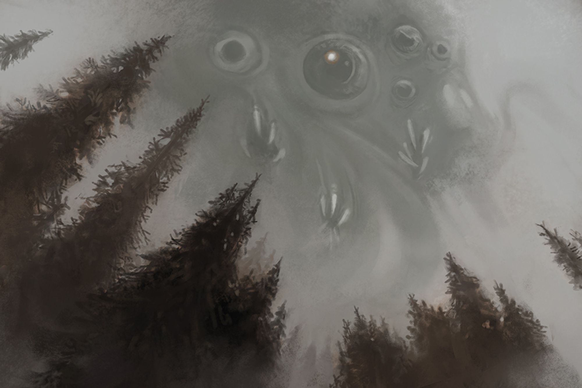 Eldritch beast of eyes and tentacles descending onto a forest