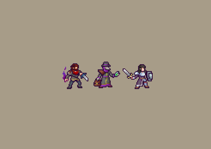 pixel art of 3 character in a side view, an assassin with a dagger and a had with a purple flame, a doctor with plague mask, a suitcase and grenade and an armored duelist with a sword and a shield.