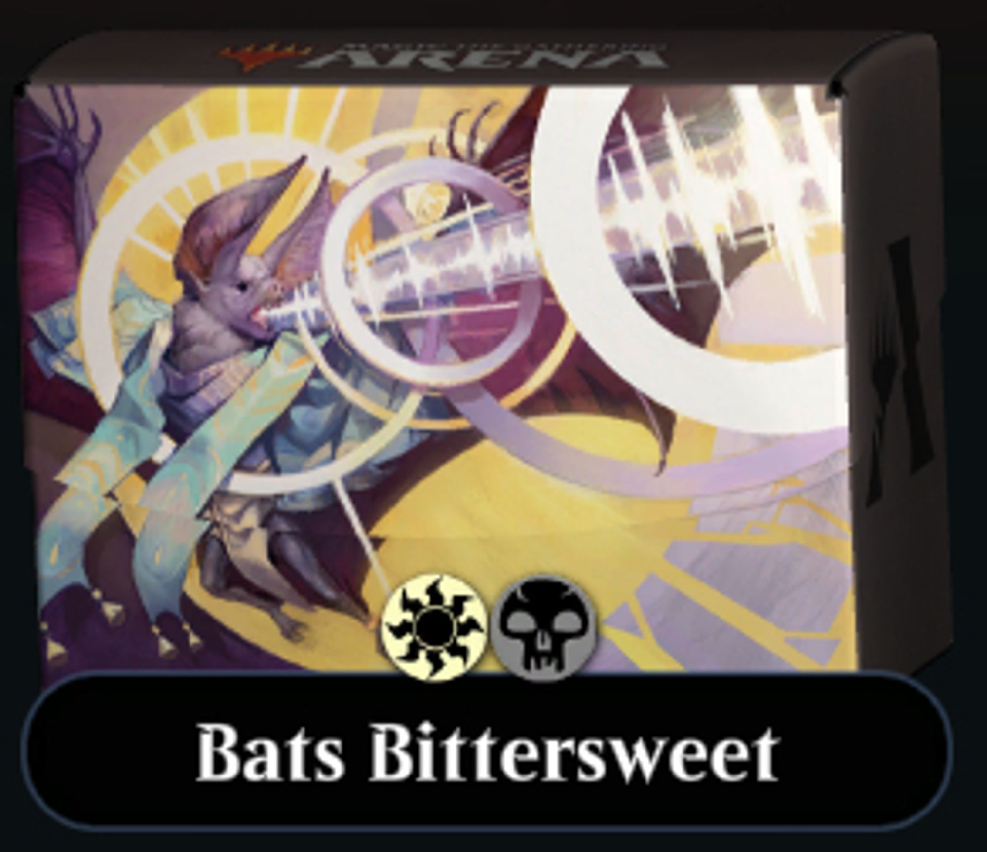 a box of magic the gathering cards with a picture of a scarf-wearing bat firing a sonic laser from its mouth. it's got the white and black mana symbols and the label "Bats Bittersweet" right beneath it