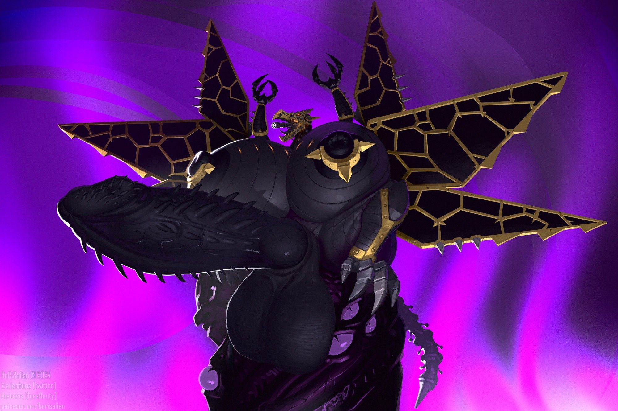 Anthro Heldrake with a giant, barbed penis, big balls, large breasts with thick, gold piercings on the nipples. Arms/wings pointed upward, furnace-like glow coming from her maw as her mouth is open, revealing the gatling cannon inside.