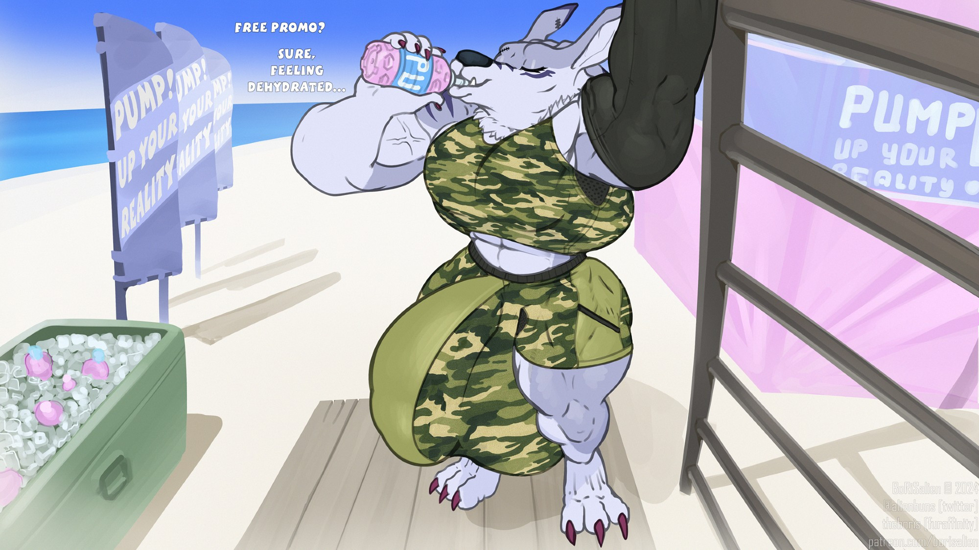 Muscly with hyper bulge Weregarurumon drinking a promo bottle of "PUMP!" an energy drink. You can see banners and a tent promoting it, all set on the beach. he drinks a bottle thinking "Free promo? Sure, feeling dehydrated..."