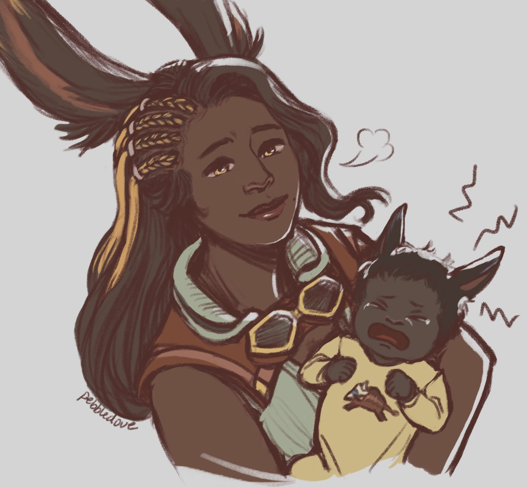 A digital colored sketch of Cahciua holding baby Erenville, who is wearing a rroneek onesie and crying loudly. Cahciua is smiling at the viewer and sighing.