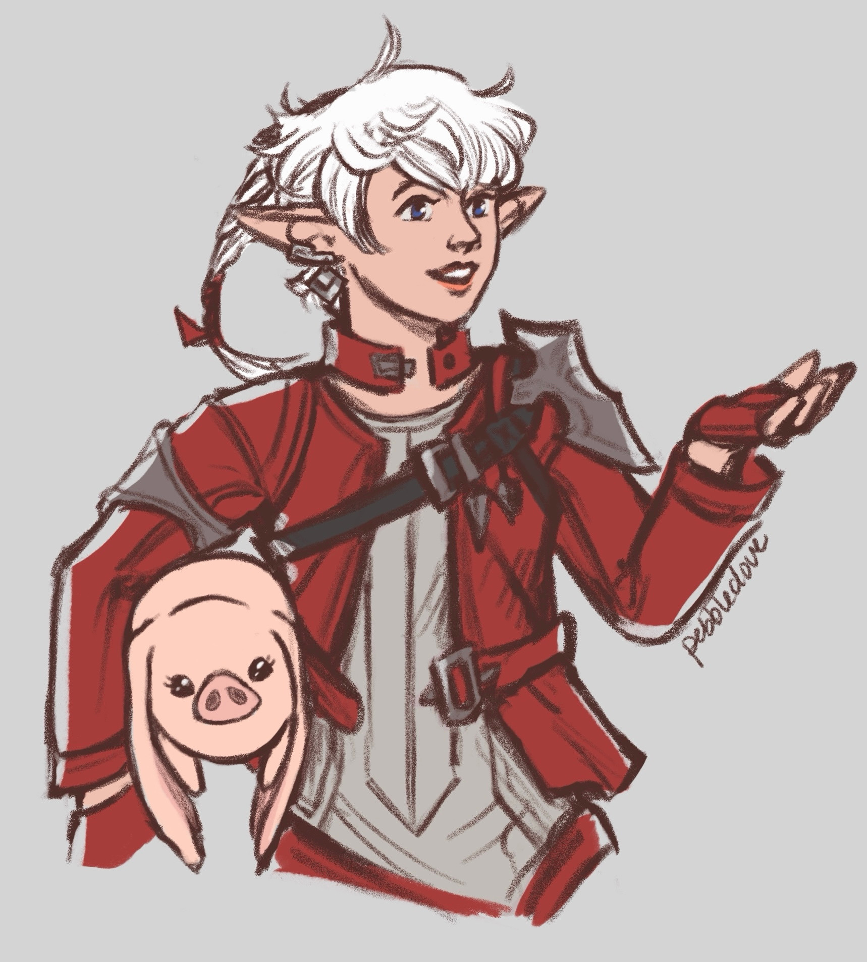 A digital colored sketch of Alisaie casually carrying Angelo the porxie under her arm as she has a conversation with someone off-screen