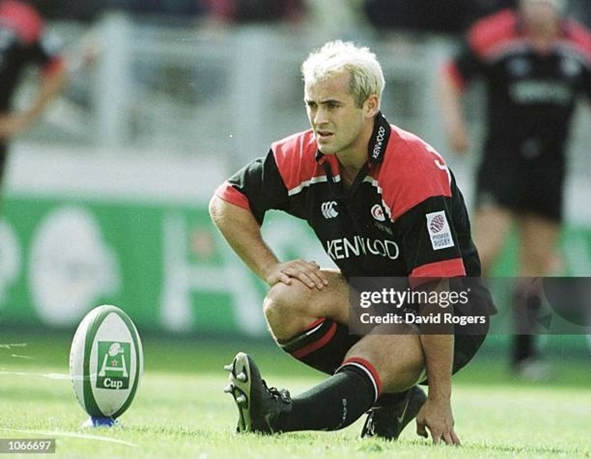 A photograph of Thomas Castaignede stretching before a kick during a Saracens game. This was in the 1990s before Saracens' era of dominance of the English rugby union domestic league and Castaignede's arrival to the English game felt like a superstar arrival and part of a transition of a small club game to something bigger and more exciting. Whatever has happened to English club rugby in the years since, good or bad, I'll always remember Thomas's arrival as the start of something that, at the time, felt very special