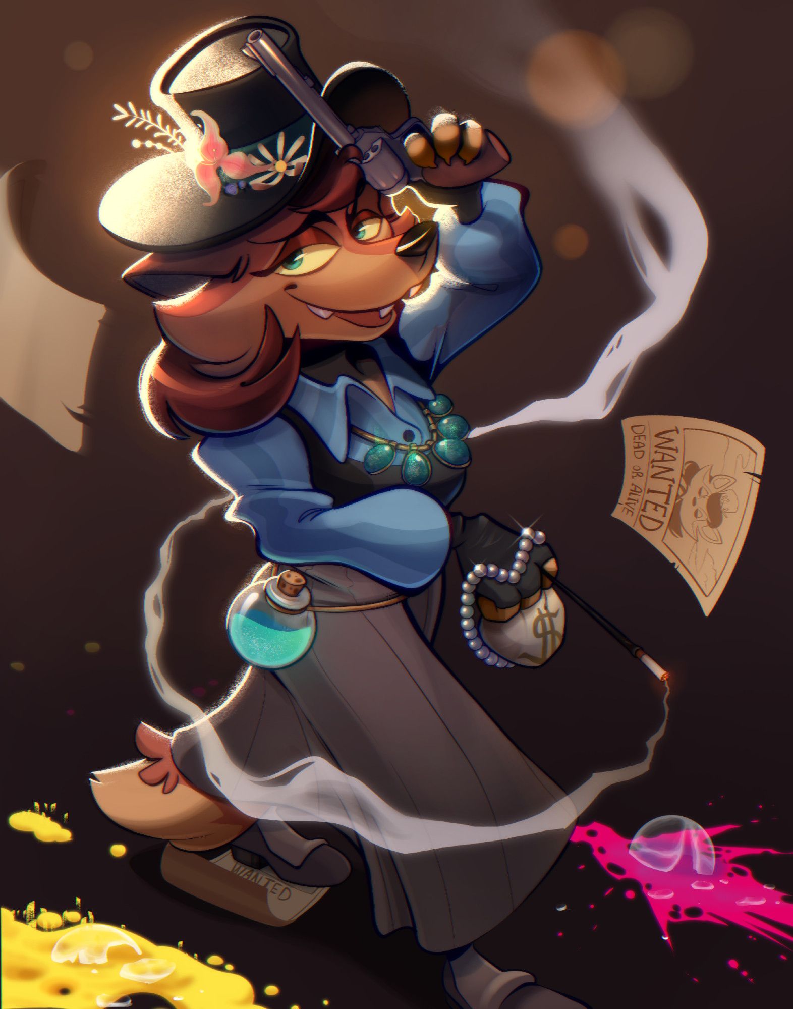 a western-theme fox sporting a revolver walks among broken potion bottles and her own wanted posters. Art by Mr. Fennec