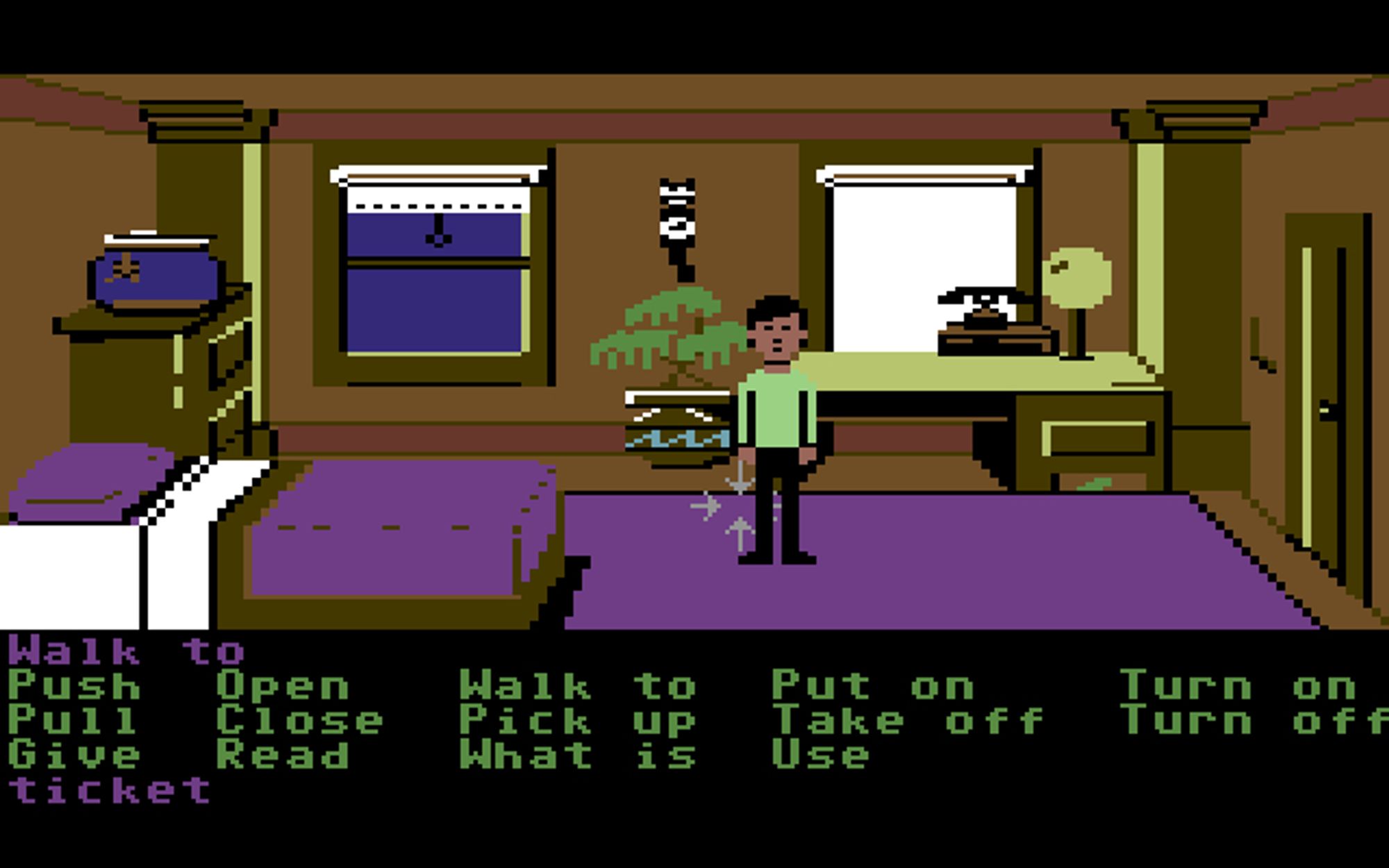 Screenshots of the Commodore 64 versions of Maniac Mansion and Zak McKracken, showing the cursor passing behind the character sprites.