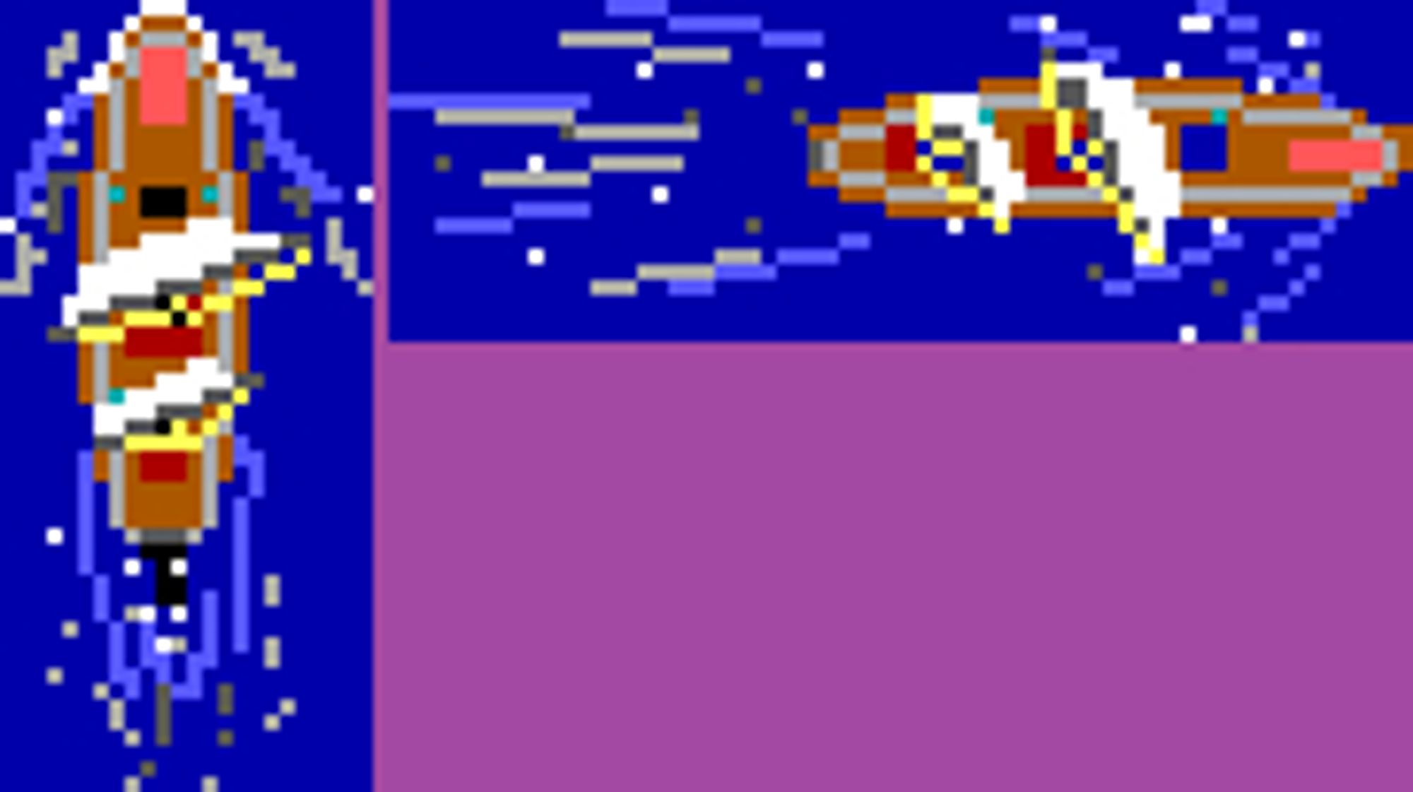 Larger versions of the EGA sailing ship's horizontal and vertical sprites as they appear in the demo resource files.