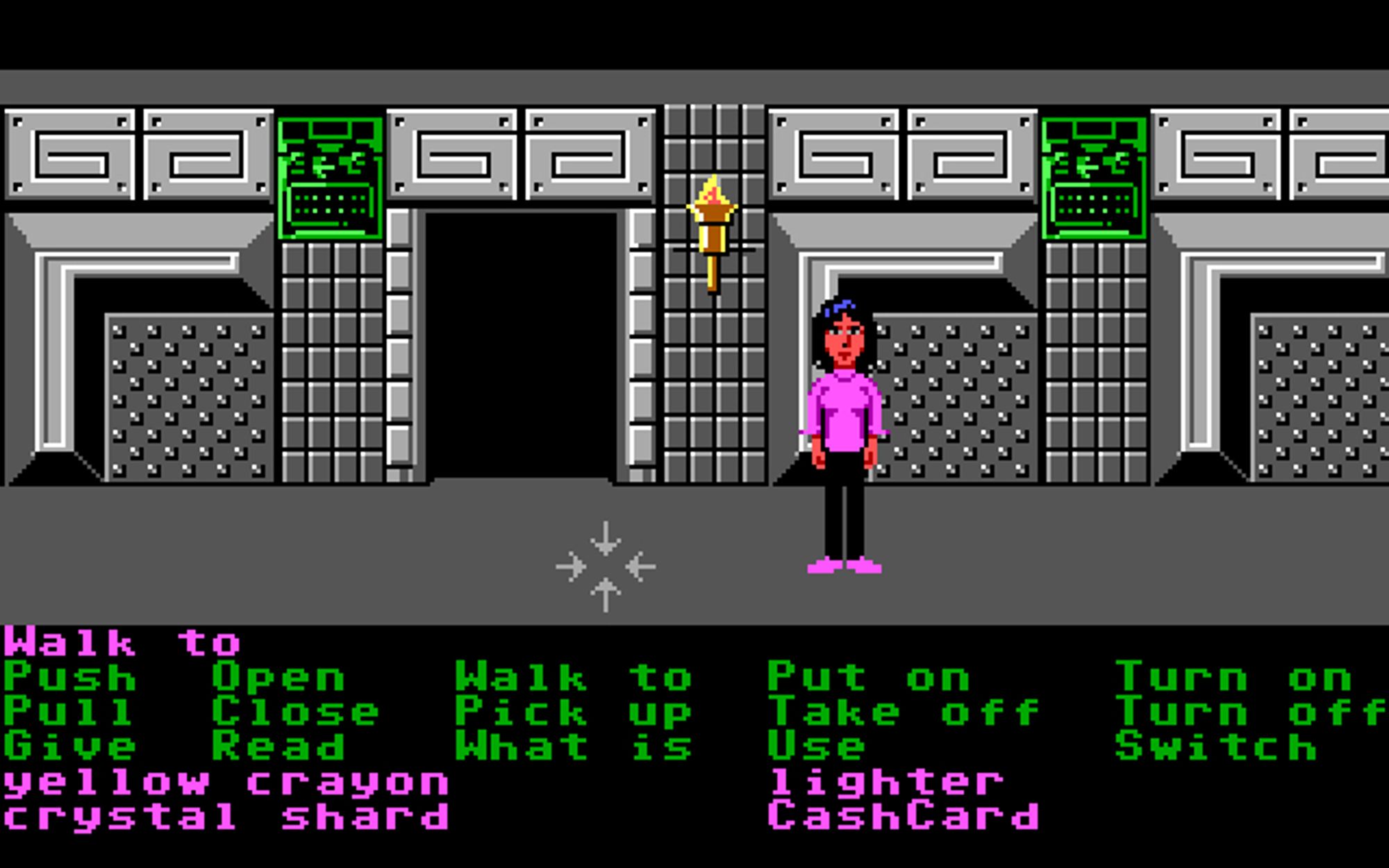 Screenshots of the DOS V2 version of Zak McKracken, with Annie picking up the crystal shard from Mexico while already having one in her inventory. In the Commodore 64 and DOS V1 releases, this causes a bug where one of the shards disappears, softlocking the game. Later versions fixed this bug. However, the DOS V2 version does have a bug where Annie's tiny sprite outside the pyramid uses Zak's sprite by mistake, an error not present in the C64, DOS V1, or FM Towns versions.