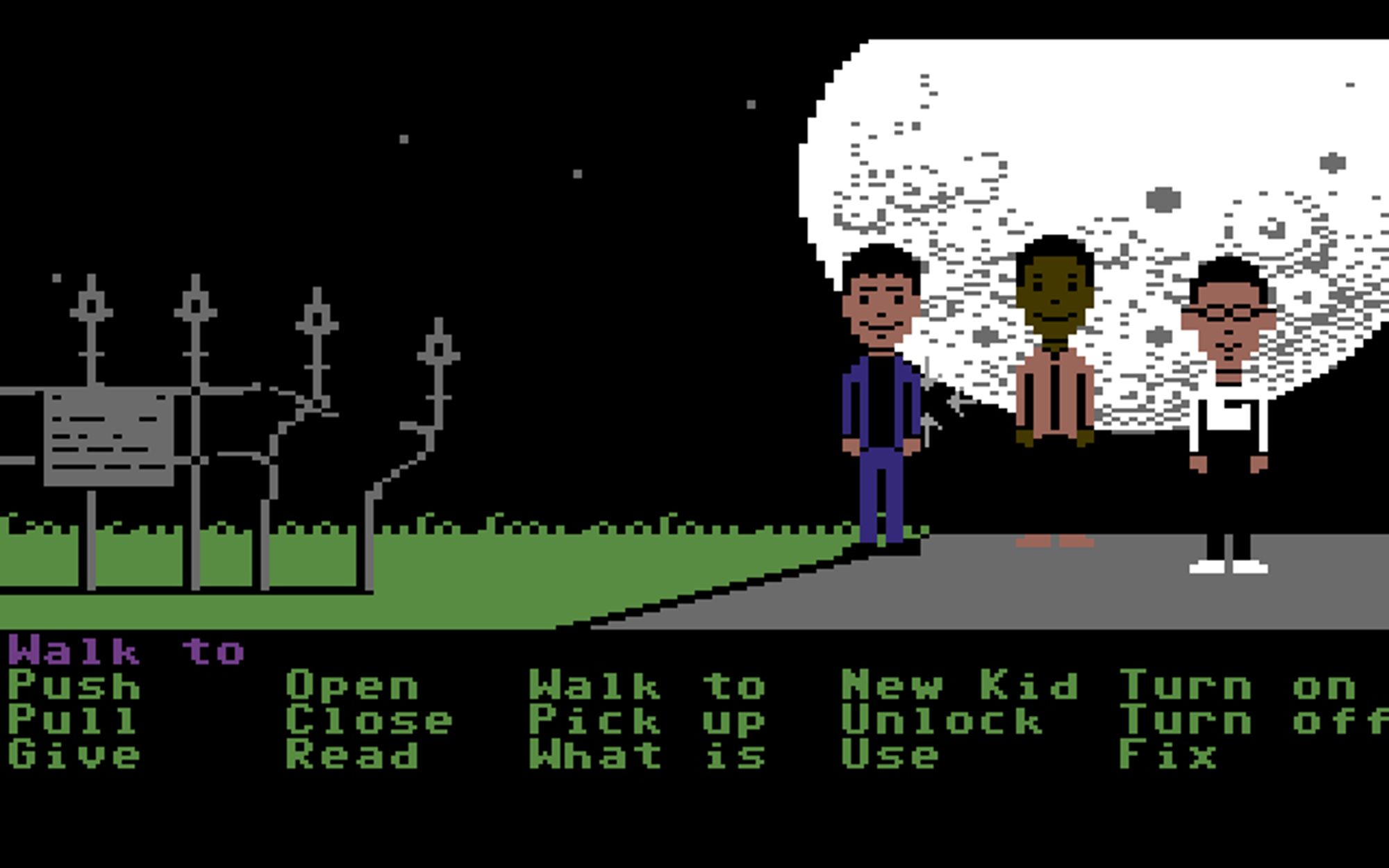 Screenshots of the Commodore 64 versions of Maniac Mansion and Zak McKracken, showing the cursor passing behind the character sprites.