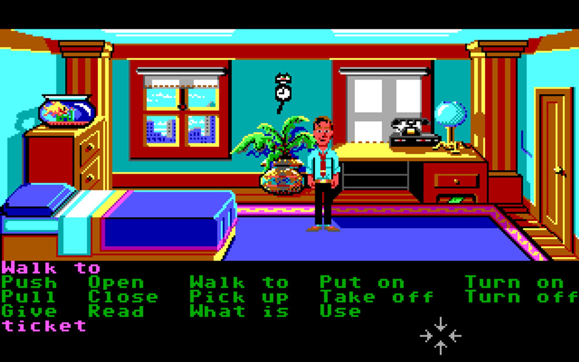 An edited version of the starting screen of the DOS V2 EGA version of Zak McKracken and the Alien Mindbenders, with some changes to Zak's sprite to make him more in line with his FM Towns design. Zak is still thinner than on FM Towns, but now he's wearing a gold tie clip and a gold belt buckle, plus brown penny loafers and blue socks. His shirt pocket is also more visible.