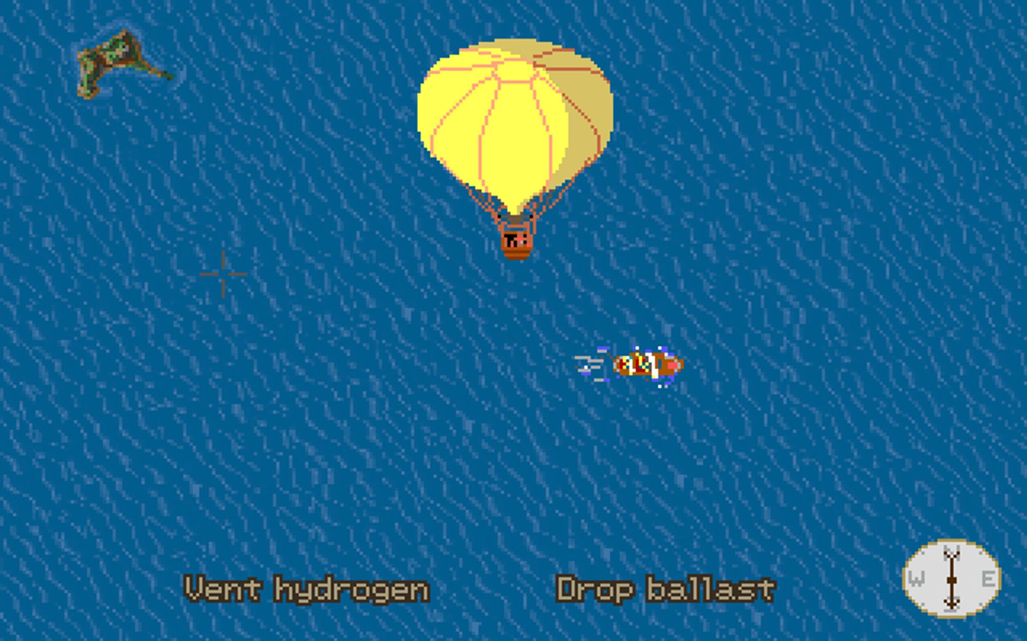 A screenshot from a 1991 pre-release demo of Indiana Jones and the Fate of Atlantis, showing what happens if you hack it to be playable and warp to the Wits Path balloon segment over the Mediterranean. The submarine appears on screen with a placeholder sprite of an EGA sailing ship.