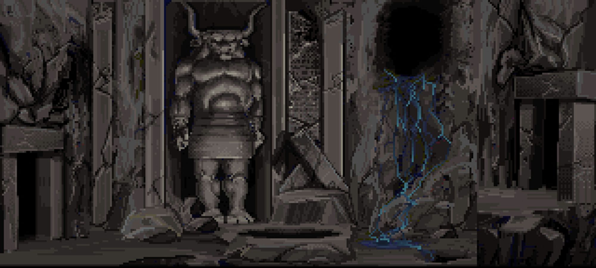 An unused background of an alternate Minotaur statue in the Crete labyrinth in Indiana Jones and the Fate of Atlantis. This version of the statue is much more realistically carved, with a well-modeled, highly detailed human torso, rounded shoulders, a skirt around its loins, and legs that end in hooved feet. The bovine head has two tall, curving horns, and a much more realistic detailed face than the version used in-game. The statue is slightly to the left side of the background. On the ground slightly to the right of the statue, there is a round pit for the elevator going down. Above the pit is a wall panel decorated with inscriptions of some sort. To the right of the elevator is a large dark hole from which water flows down in trickles, where Indy exits from climbing the elevator chain below. There are exits at the left and right of the screen, but the right-hand exit is drawn so that the ground level doesn't match the rest of the screen and abruptly switches to a much higher level.