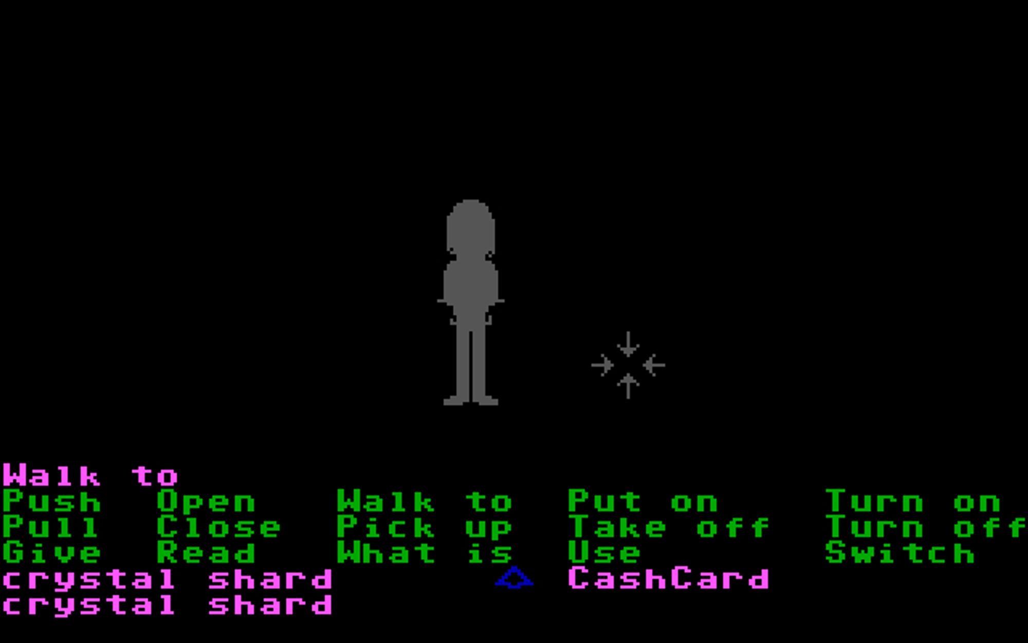 Screenshots of the DOS V2 version of Zak McKracken, with Annie picking up the crystal shard from Mexico while already having one in her inventory. In the Commodore 64 and DOS V1 releases, this causes a bug where one of the shards disappears, softlocking the game. Later versions fixed this bug. However, the DOS V2 version does have a bug where Annie's tiny sprite outside the pyramid uses Zak's sprite by mistake, an error not present in the C64, DOS V1, or FM Towns versions.