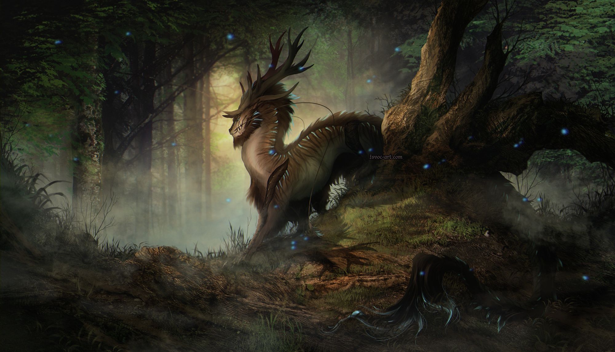 Ancient eastern dragon [noodly, strong boy with big antlers] stops by fallen tree. It's an early, misty morning. There are traces of magic in air.