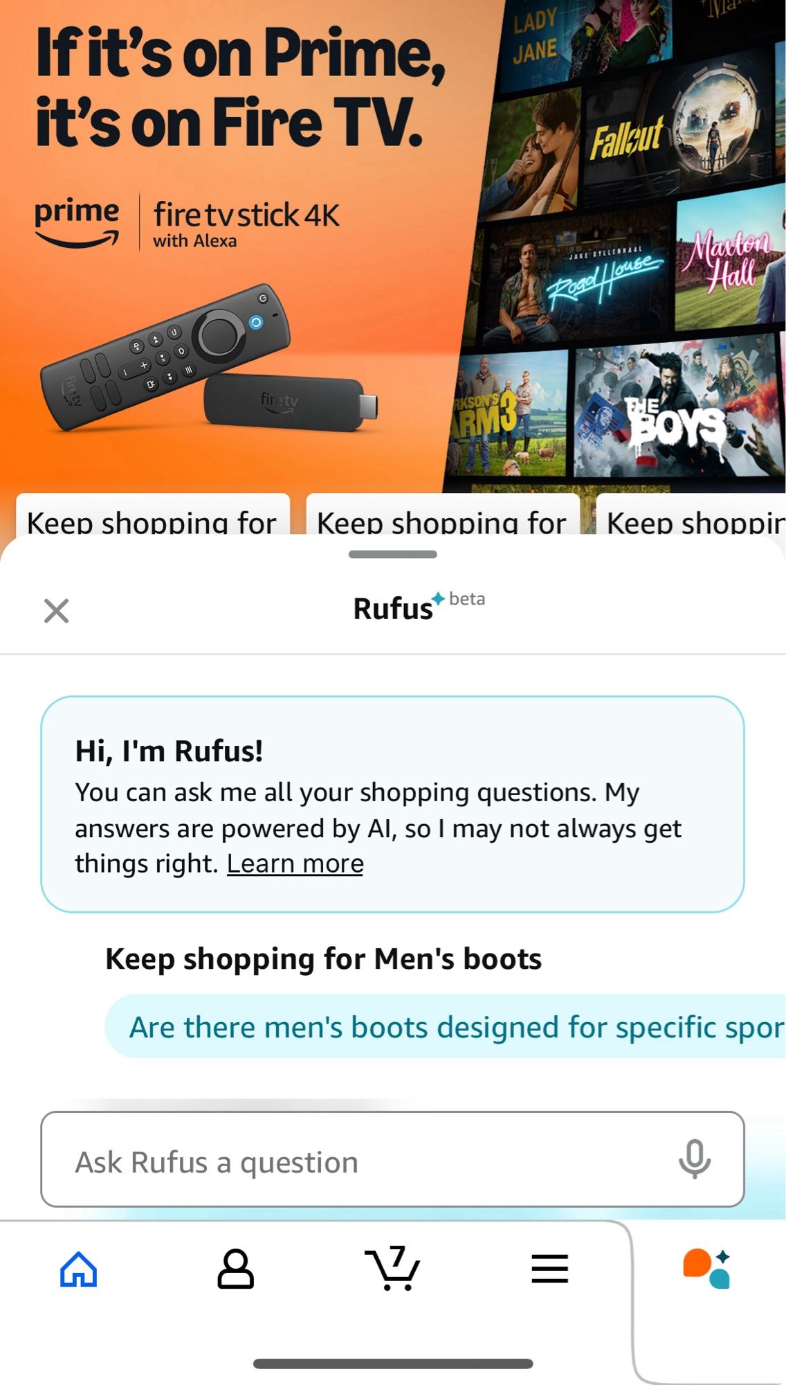 Screenshot of the Amazon shopping app Home Screen on iOS with the “Rufus” AI Assistant tab open. 

“Hi, I'm Rufus!
You can ask me all your shopping questions. My answers are powered by Al, so I may not always get things right.”