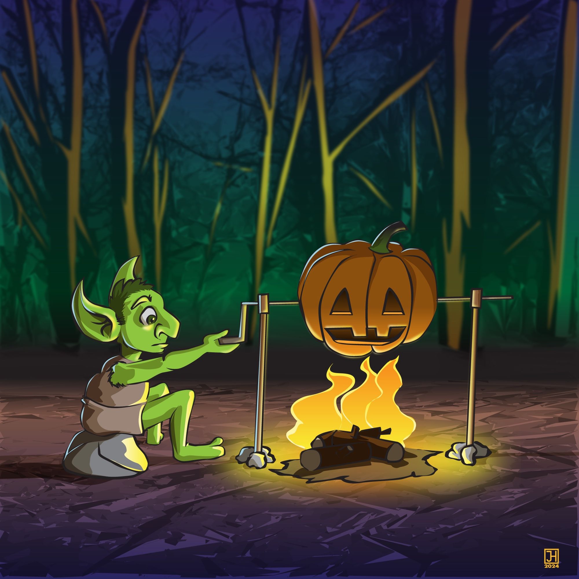 A green goblin roasts a Jack-O-Lantern on a spit over a campfire in the woods.