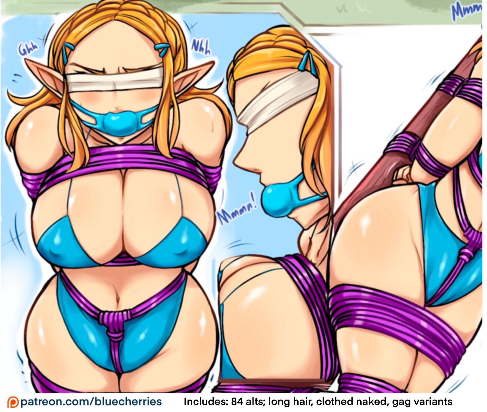 Princess Zelda in blue bikini, tied by purple ropes, blindfolded by a white cloth and gagged with a slimeball