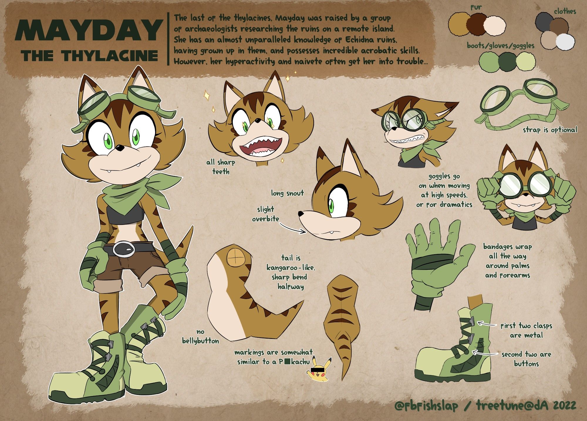 A reference sheet for Mayday the Thylacine, a Sonic OC, featuring a full-body image of her and multiple references for how to draw her face, markings, and clothes.

The description next to her name reads: "The last of the thylacines. Mayday was raised by a group of archaeologists researching the ruins on a remote island. She has an almost unparalleled knowledge of Echidna ruins, having grown up in them, and possesses incredible acrobatic skills. However, her hyperactivity and naivete often get her into trouble..."