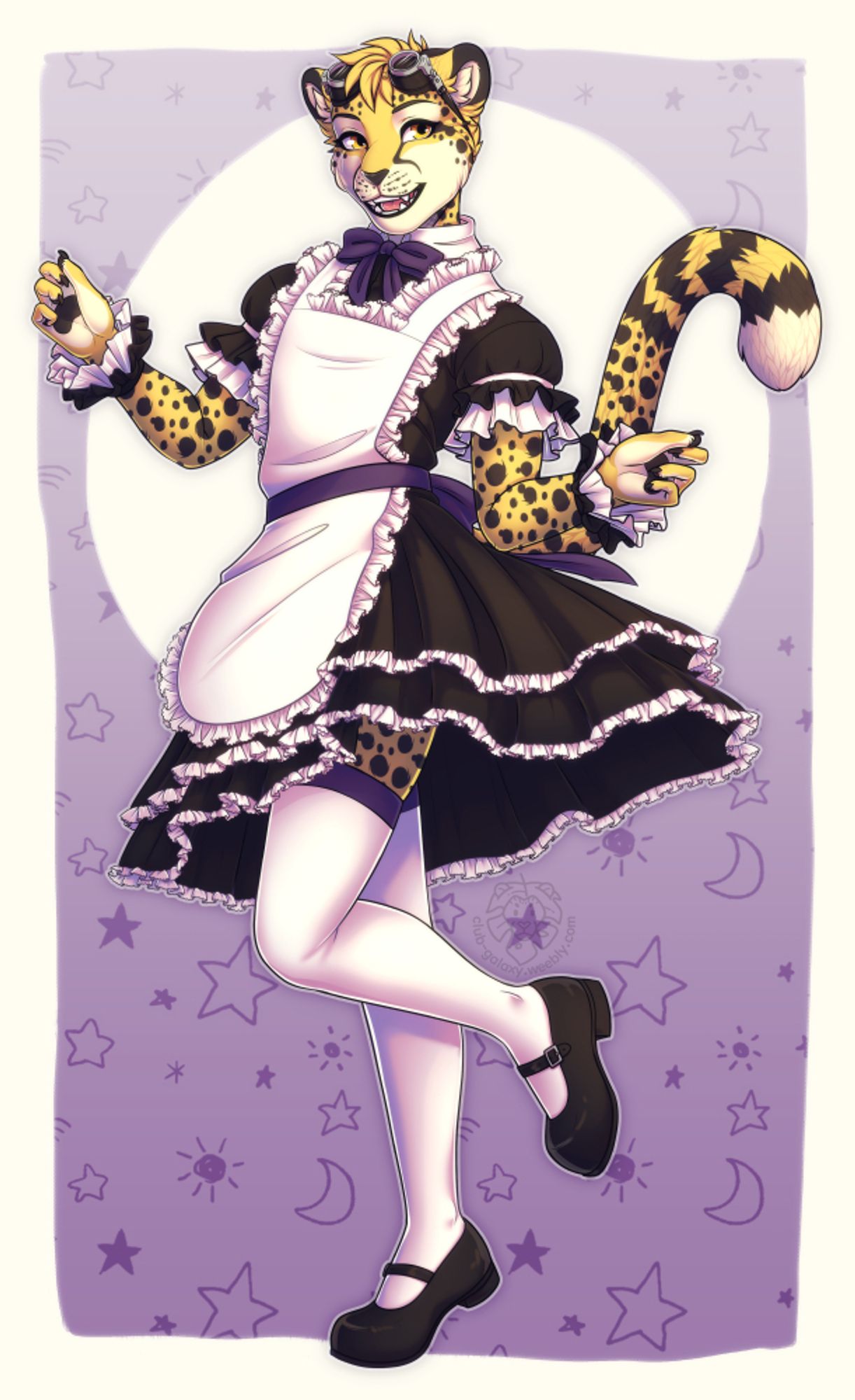 an anthro cheetah character in a frilly black and white maid dress with short sleeves and frilly wrist cuffs. They are in an almost kipping pose and have sliver and black goggles on top of their head.