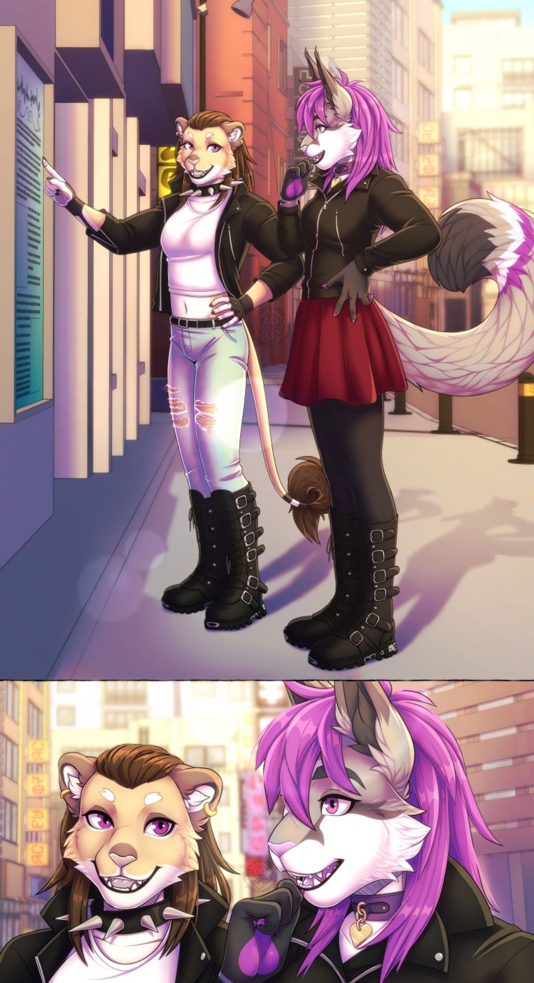 an illustration of an anthro lion wearing a black biker jacket, white crop top, ripped light blue jeans, and black new rock boots, and anthro hybrid feline wearing a zipped up black biker jacket, red skirt, black leggings and black new rock boots. the lion is pointing at a sign and the feline is looking at it consideringly. they are in a sunny city street. there is a second panel below that is a closer view of their faces from a slightly different angle.