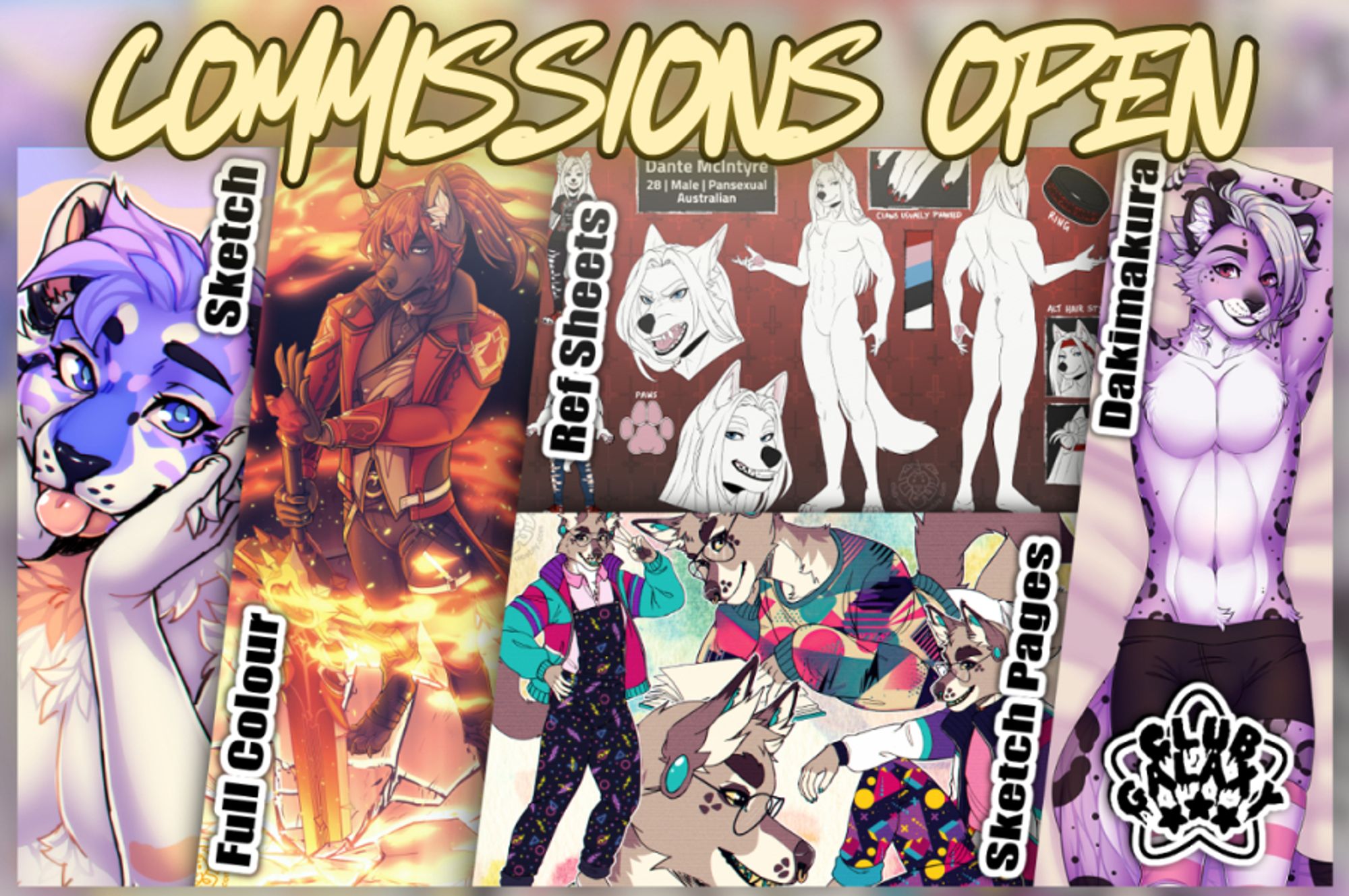 an image showing 5 different furry art commissions, sketch, full colour, refsheets, sketch pages and dakumakura