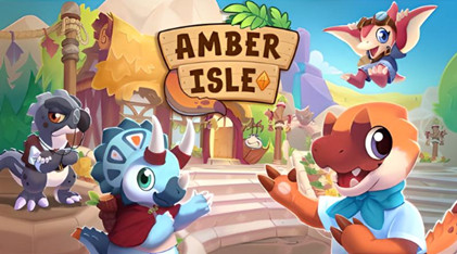 Colourful Dinosaur characters called Paleofolk in a village setting with a sign reading "Amber Isle." Adi and Nellie wave in the foreground with Maple and Clawsworth in the background