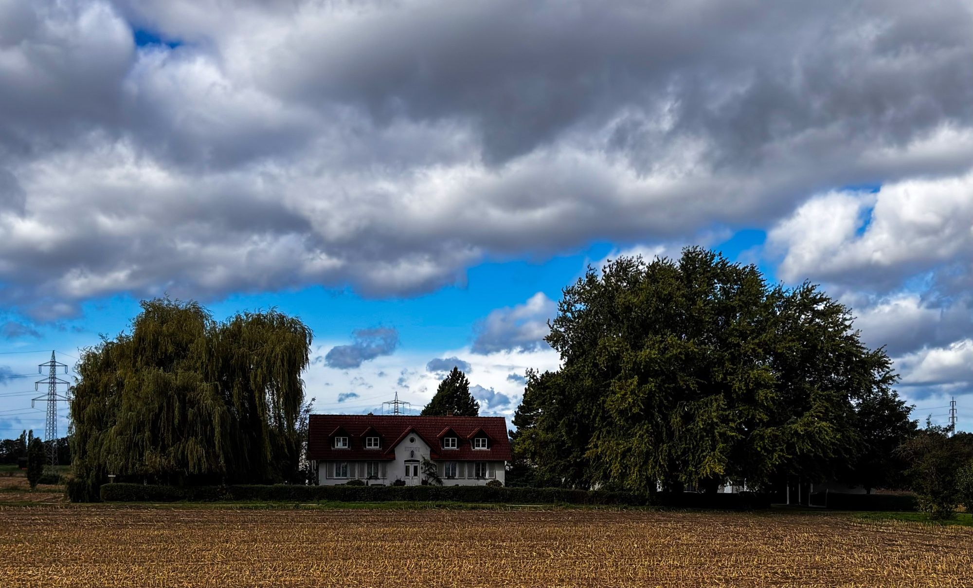 Motiv: Ein Haus steht mittig, umgeben von Bäumen und einem abgeernteten Feld im Vordergrund.

Bildformat: Querformat, weite Landschaftsdarstellung.

Genre: Landschaftsfotografie.

Hintergrund: Weitläufiger Himmel mit vielen Wolken, in denen kleine blaue Stellen sichtbar sind, links ein Strommast.

Farben: Dominant sind dunkle Grün- und Brauntöne bei Bäumen und Feld; der Himmel ist größtenteils grau mit etwas Blau.

Lichtsituation: Natürliche Tageslichtbeleuchtung mit diffuser Wolkenabdeckung, keine direkten Schatten sichtbar.