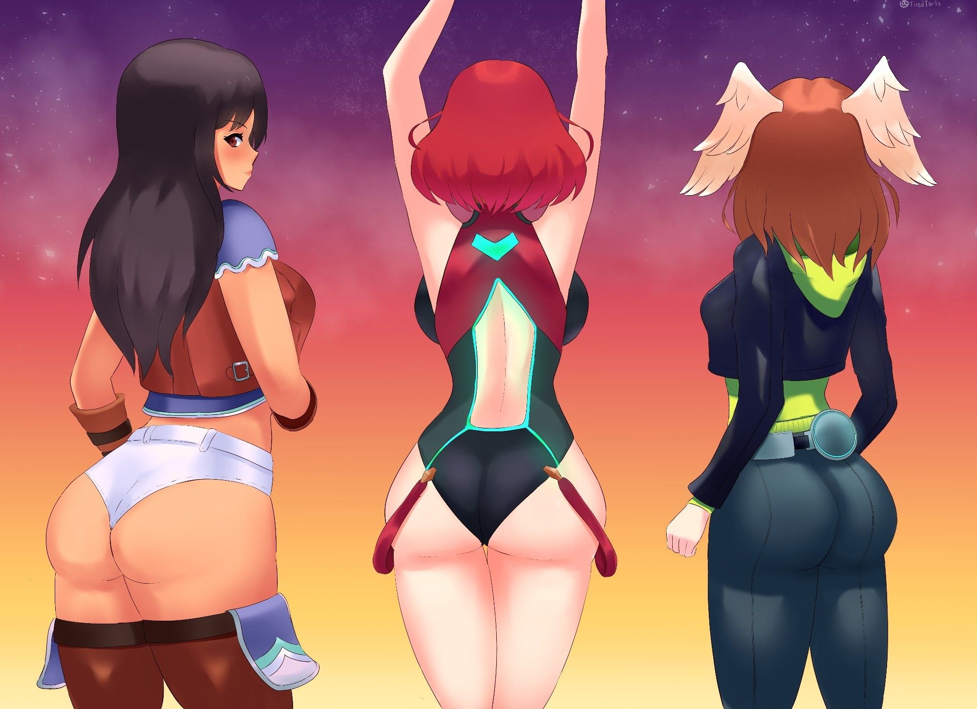 Sharla, Pyra and Eunie showing their butts.