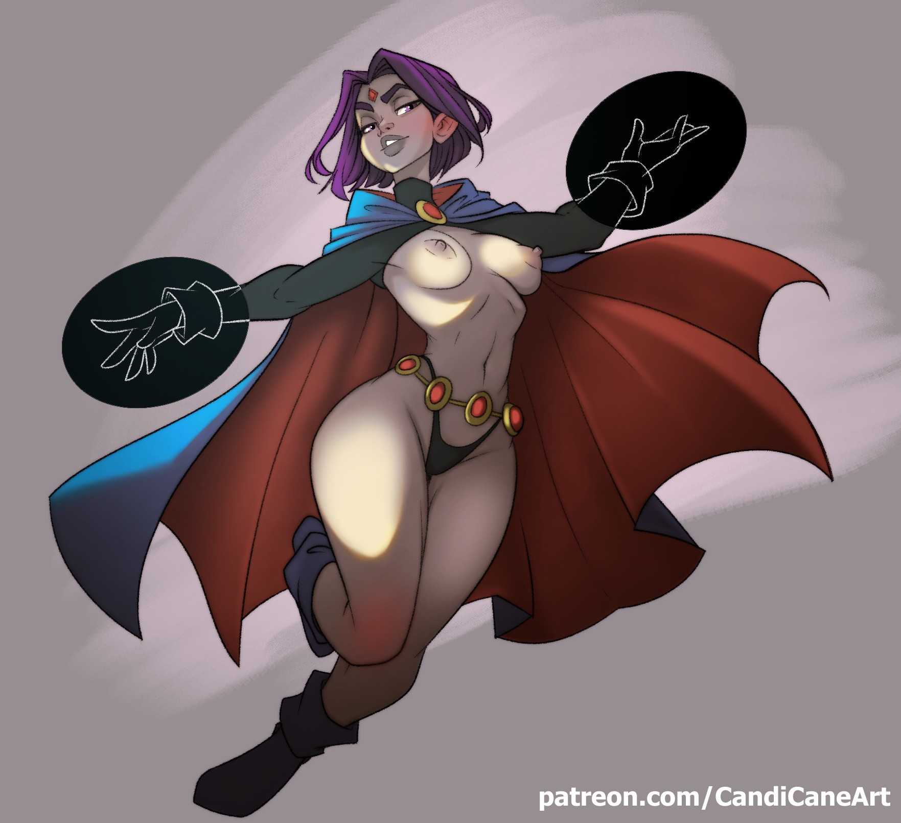 Raven from Teen Titans with a skimpy version of her costume flying and using her powers