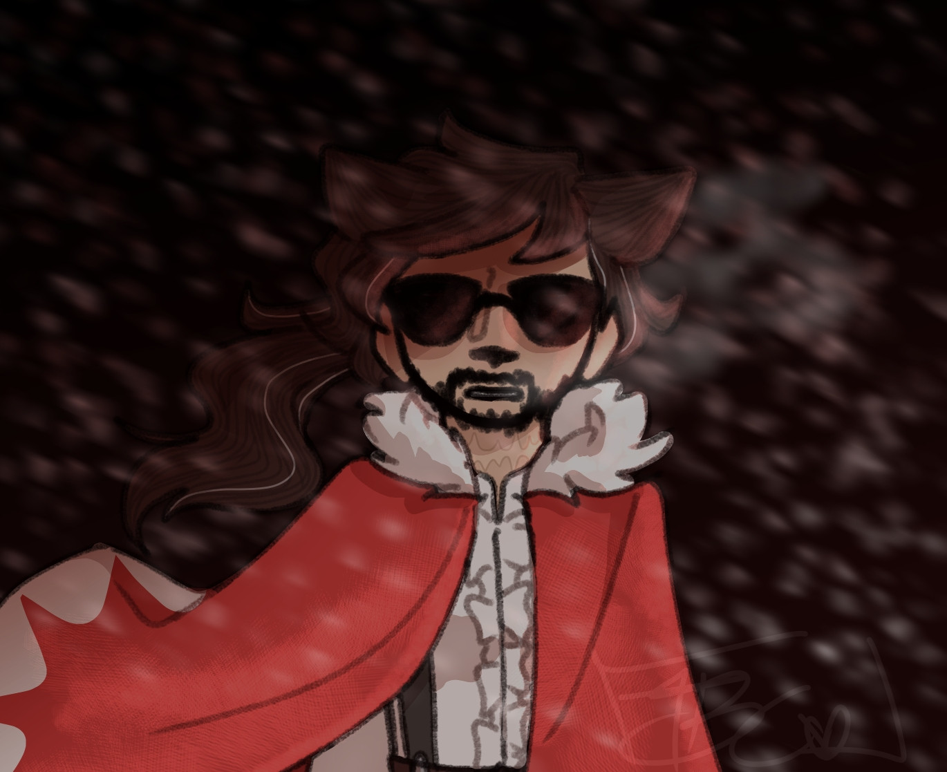 3rd Life King Ren is standing in the raging snow as cold breath comes from his mouth. He is wearing a dogwarts cape with fur around the neck, and a fancy shirt with his classic suspenders. His expression is unreadable due to his sunglasses.