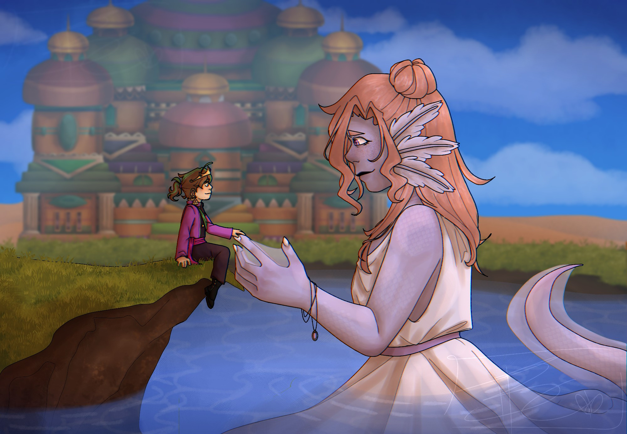 A side view of Empires Season 1 King Joel, who is very small, sits at the edge of a cliff on the outskirts of Mezalea, holding his hand out to Empires Season 1 Ocean Queen and Blue Axolotl Lizzie, who is very large and rising out of the ocean. Joel's hand is only able to fit around one of Lizzie's webbed fingers due to their side difference. Lizzie's dress is white and flowing in the ocean. The two stare lovingly at eachother. In the background is the Mezalean Palace, which is large and very colourful - however it is so far away and so large that it is a little bit foggier.