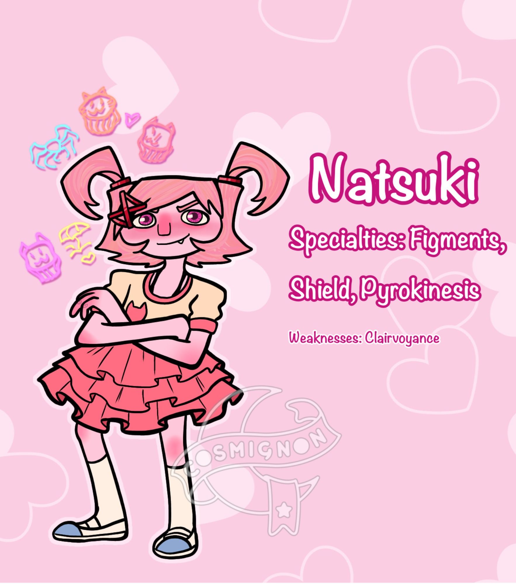 An illustration of Natsuki. The text reads "Specialties: Figments, Shield, Pyrokinesis. Weaknesses: Clairvoyance."