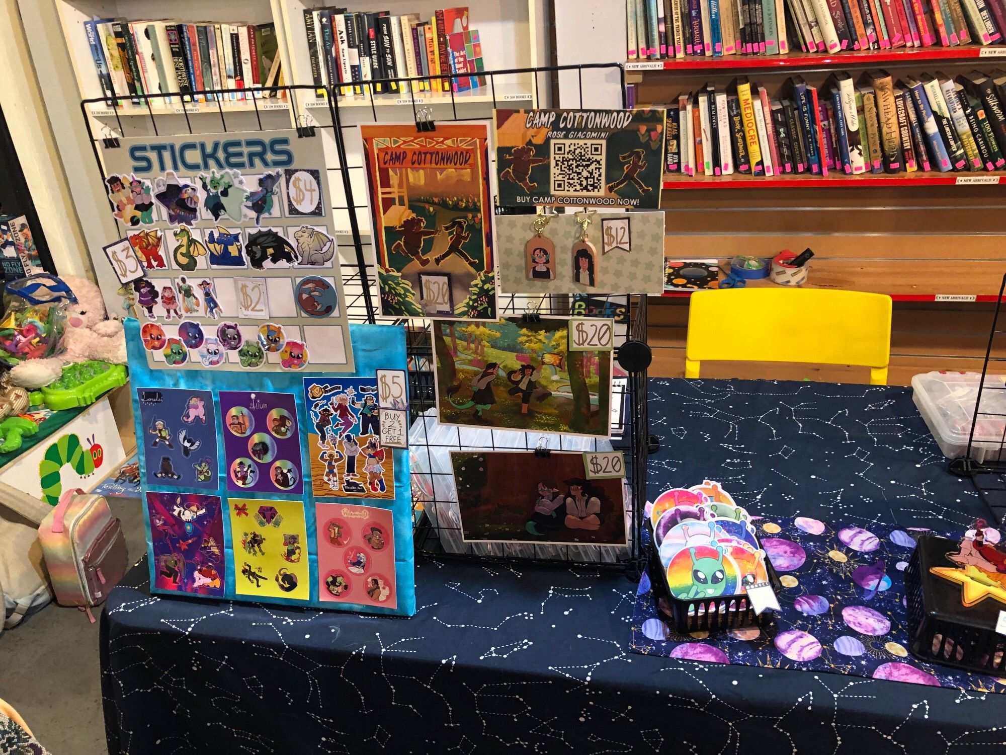 A section of Sara's table with stickers and art prints.