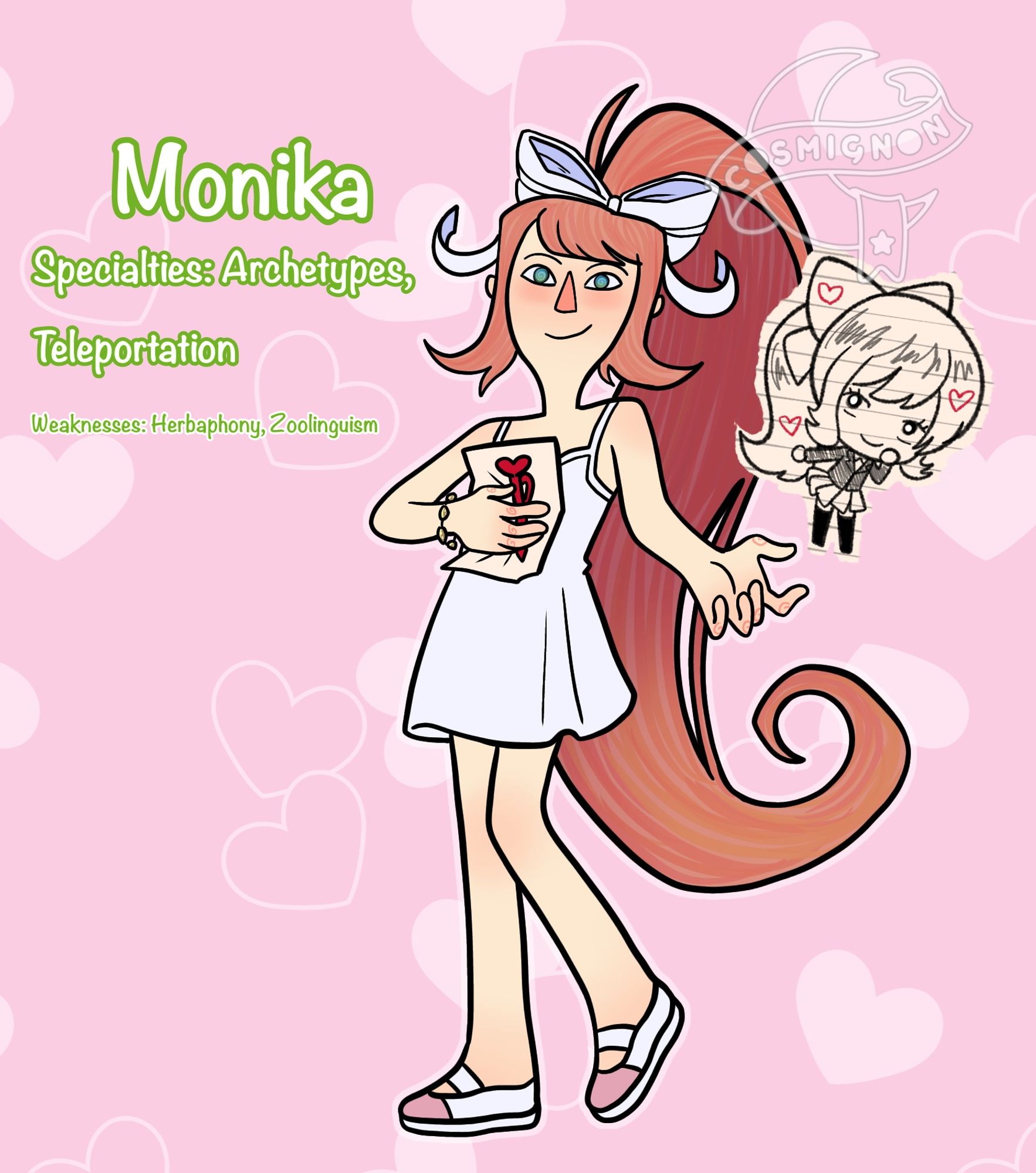 An illustration of Monika. The text reads "Specialties: Archetypes, Teleportation. Weaknesses: Herbaphony, Zoolinguism."