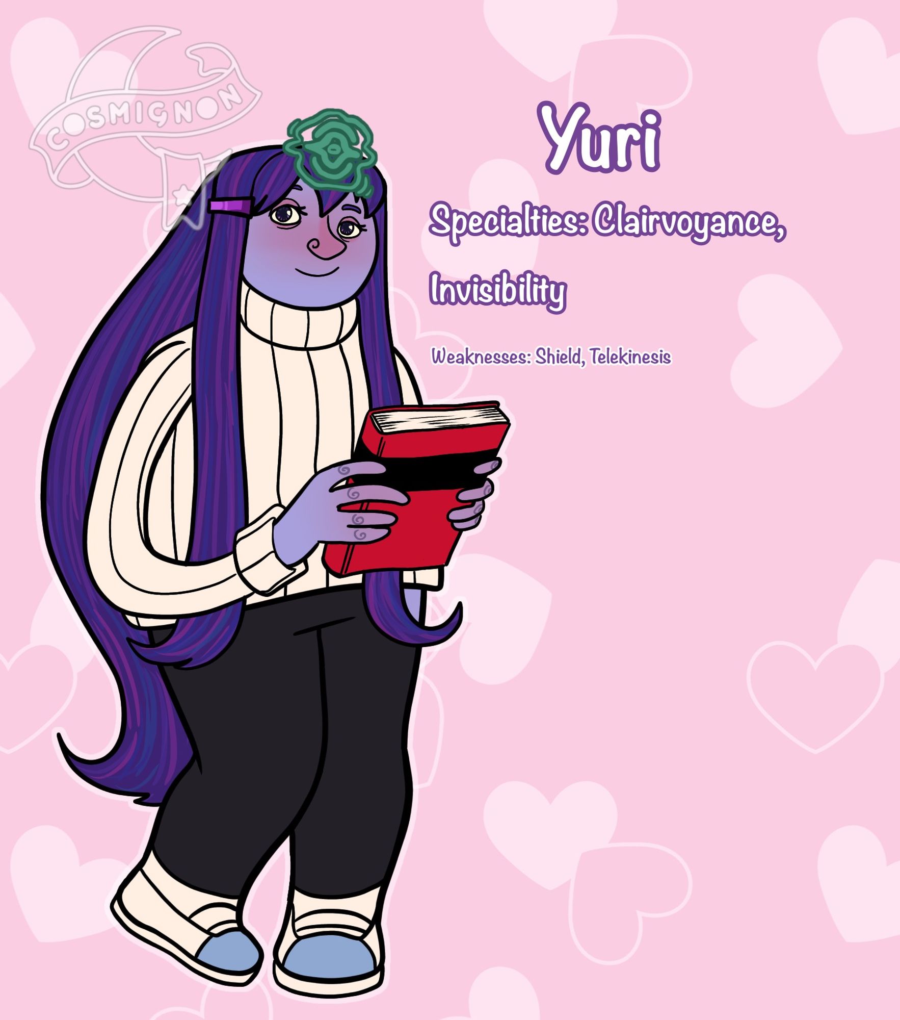 An illustration of Yuri. The text reads "Specialties: Clairvoyance, Invisibility. Weaknesses: Shield, Telekinesis."