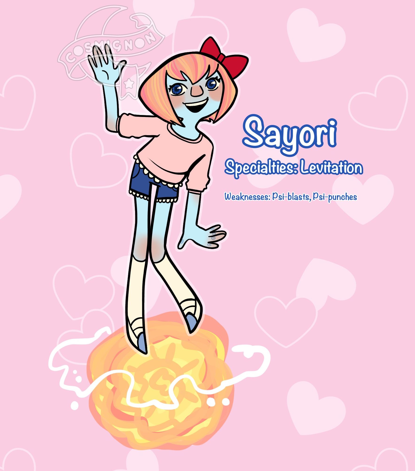 An illustration of Sayori. The text reads "Specialities: Levitation. Weaknesses: Psi-blasts, Psi-punches."