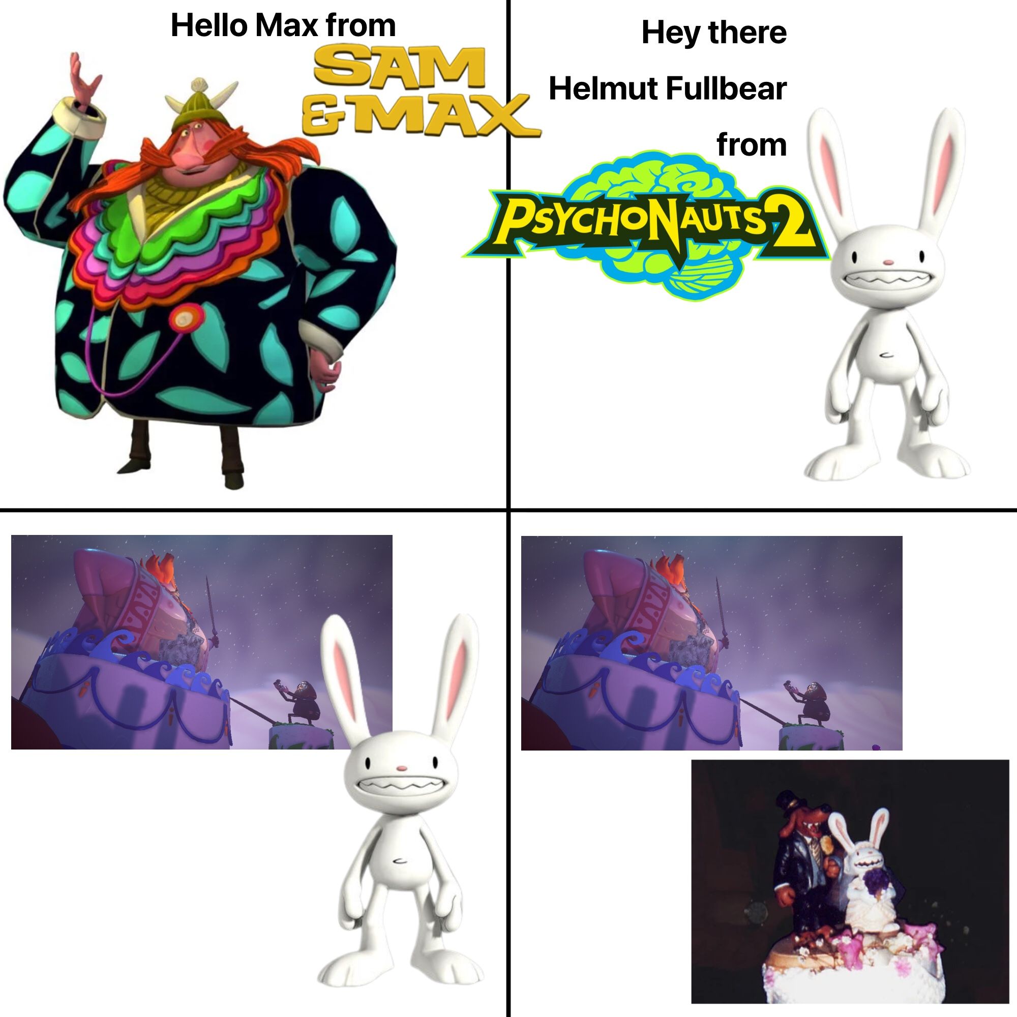 A four panel meme. Helmut Fullbear from Psychonauts 2 and Max from Sam and Max greet each other before both being shown in a similar position of being the toppers of a wedding cake.