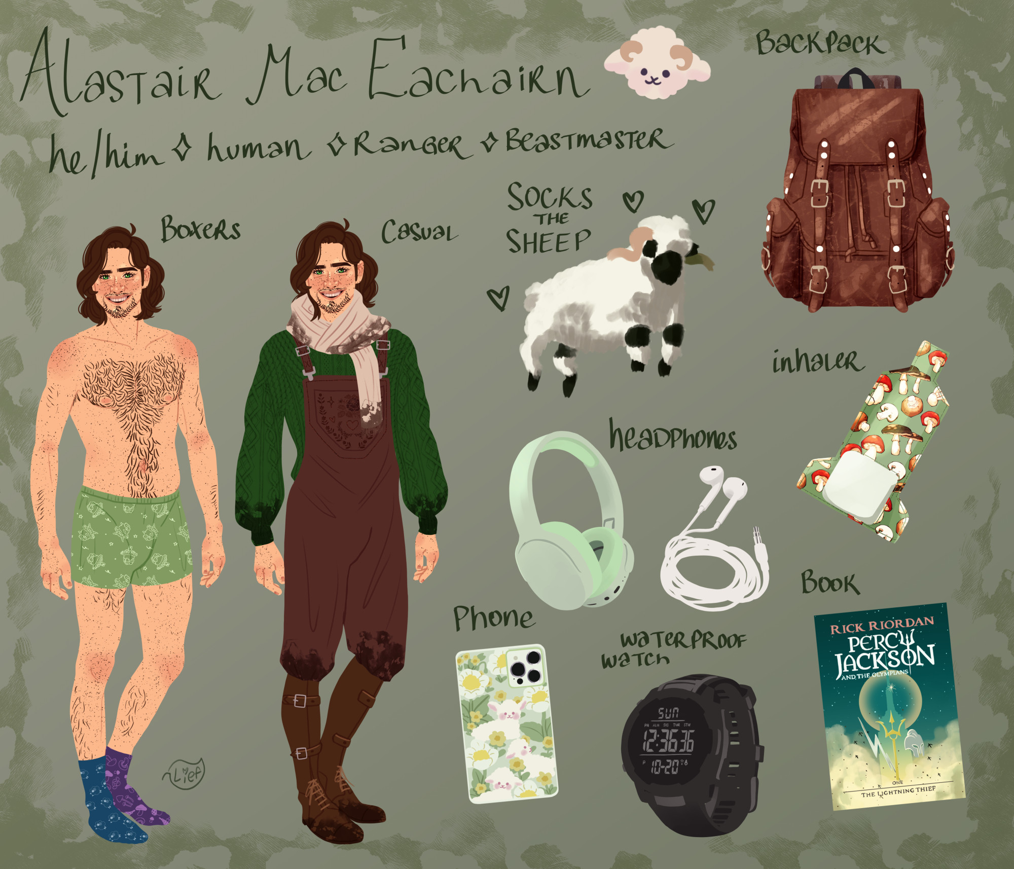 A character reference sheet featuring a pale man with shoulder-length brown hair in two full body poses (one in green dancing sheep boxers and one in casual wear, which is brown overalls, knee-high boots, a green knit sweater, and a dirty cream scarf) and an assortment of inventory items. These include Socks the Sheep, a valais blacknose sheep, two pairs of headphones (one wired and one wireless), a phone case featuring flowers and lambs, a waterproof watch, a book (which is the first Percy Jackson and the Olympians book), an inhaler featuring a green case with red and brown mushrooms on it, and a worn leather backpack. The text at the top reads "Alastair Mac Eachairn - he/him - human - ranger - beastmaster".