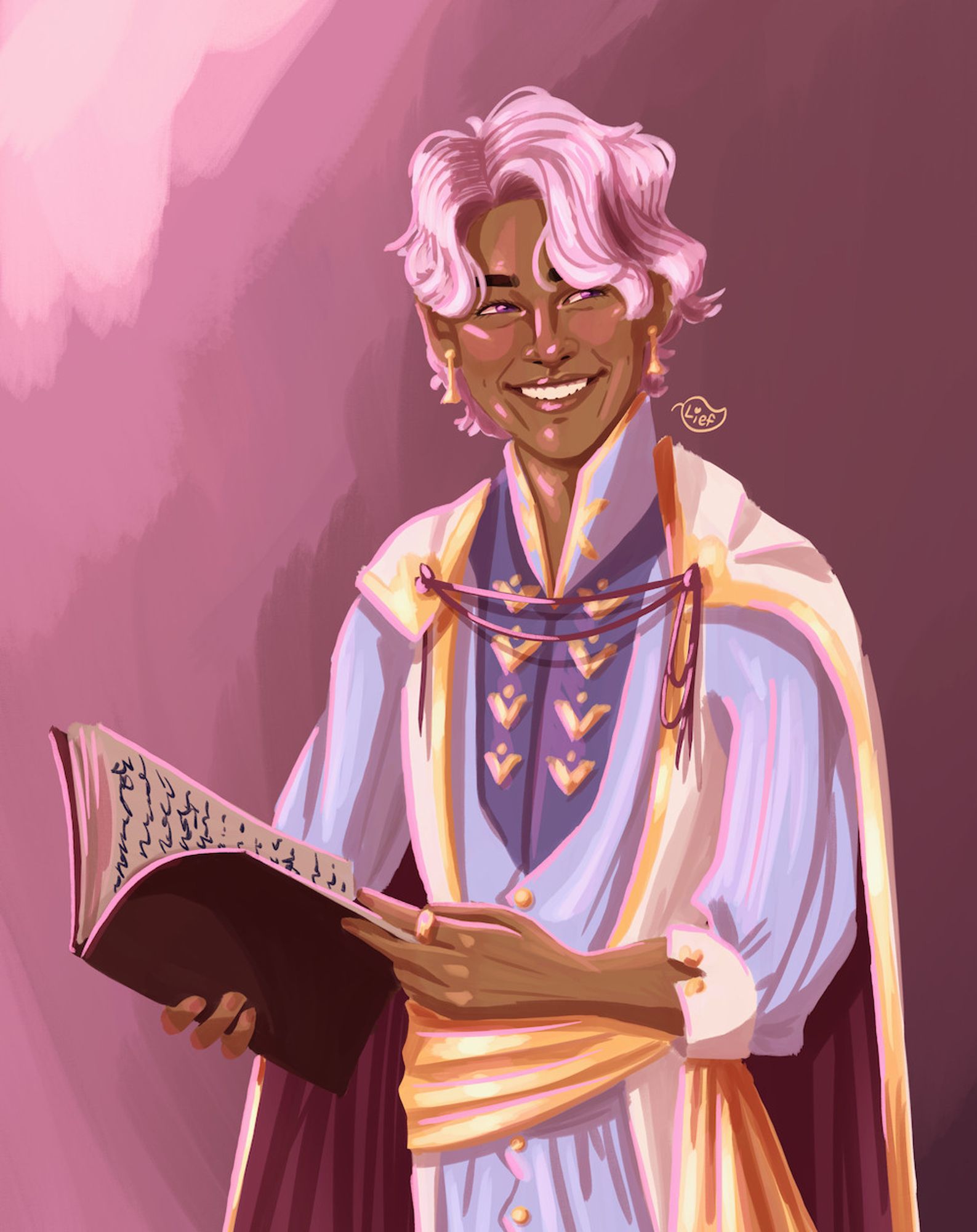 A rendered half-body digital painting of Eiland from Fields of Mistria in his spring outfit. He is holding an open book and looking to the side with a wide smile, as if happy that someone is nearby.