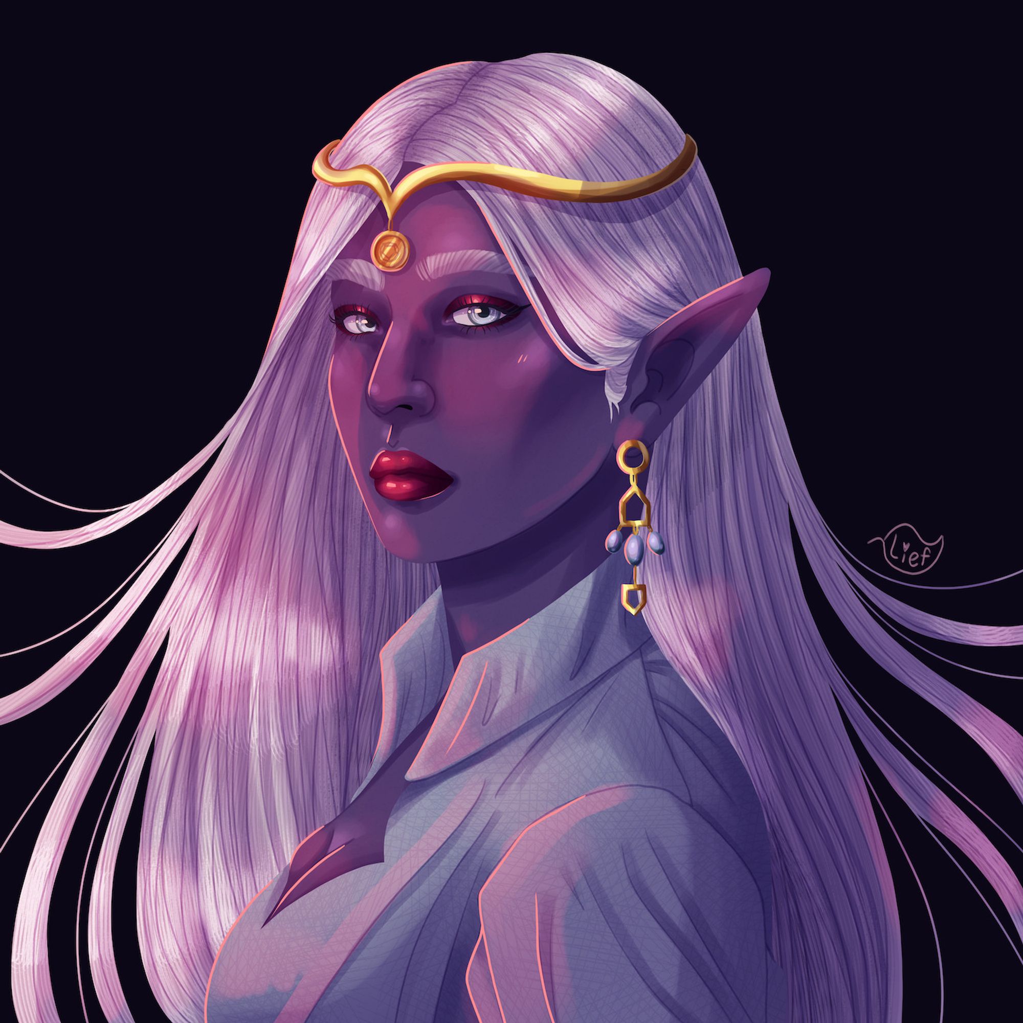 A rendered digital painting of a portrait of a severe yet nonchalant dark elf woman. She wears a gold tiara with a coin as the centerpiece, representing her position as Treasurer of her government, and a light blue dress with a collar. She wears red eyeshadow and lipstick, and has pentagon earrings, representing her supposed religious faith. She has light blue eyes and long white hair that behaves a bit like spiderwebs. The background is black and the lighting is very pink-ish red.