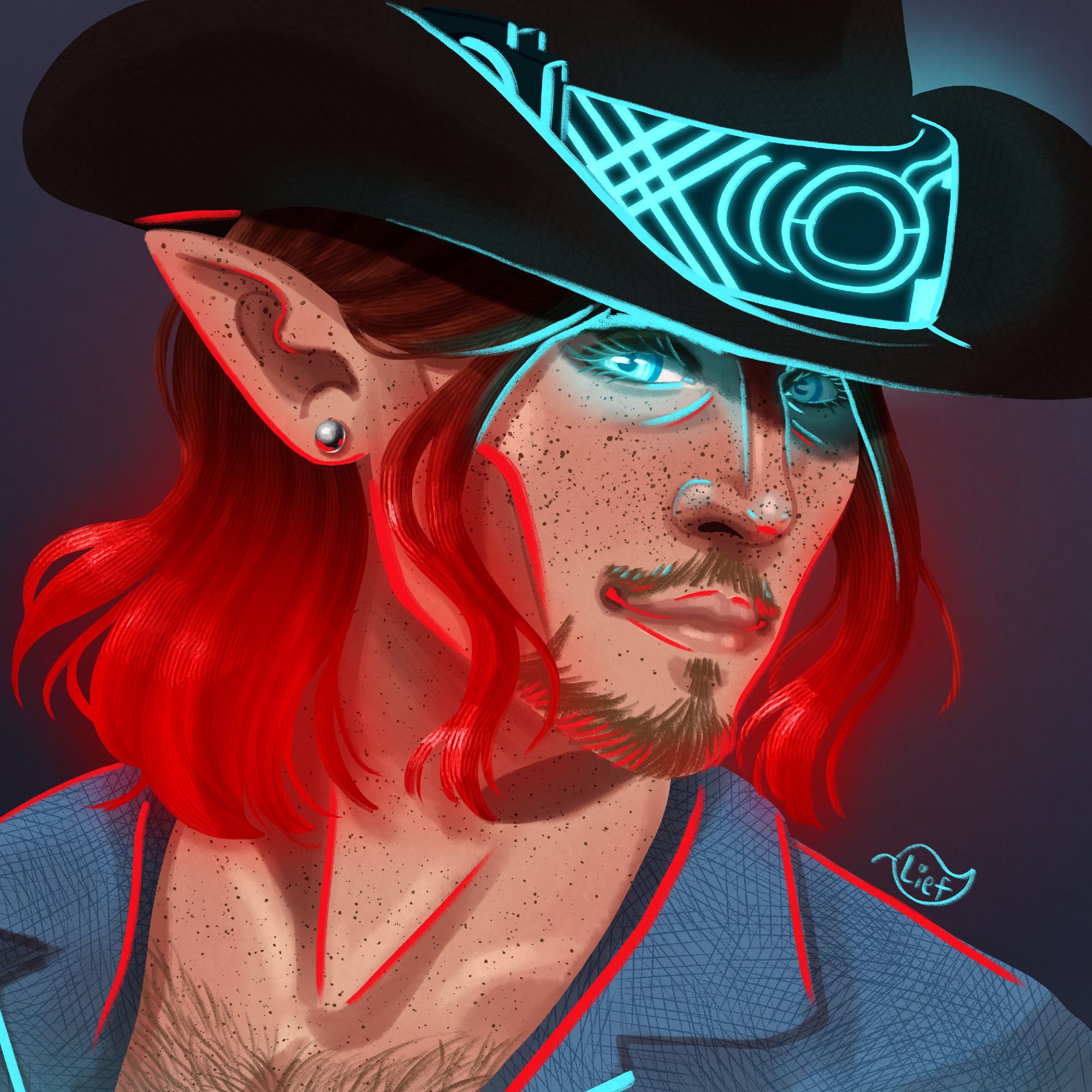 A rendered digital portrait of a pale masculine person with glowing cyan eyes and glowing red tips of his otherwise light brown hair. He is in 3/4 view and smiling at the viewer. He wears a dark brown cowboy hat with glowing cyan virtuality goggles on the brim, a silver stud earring, and a blue button down shirt that shows off his chest hair. He has freckles and a short brown moustache and beard, as well as red eyeshadow.